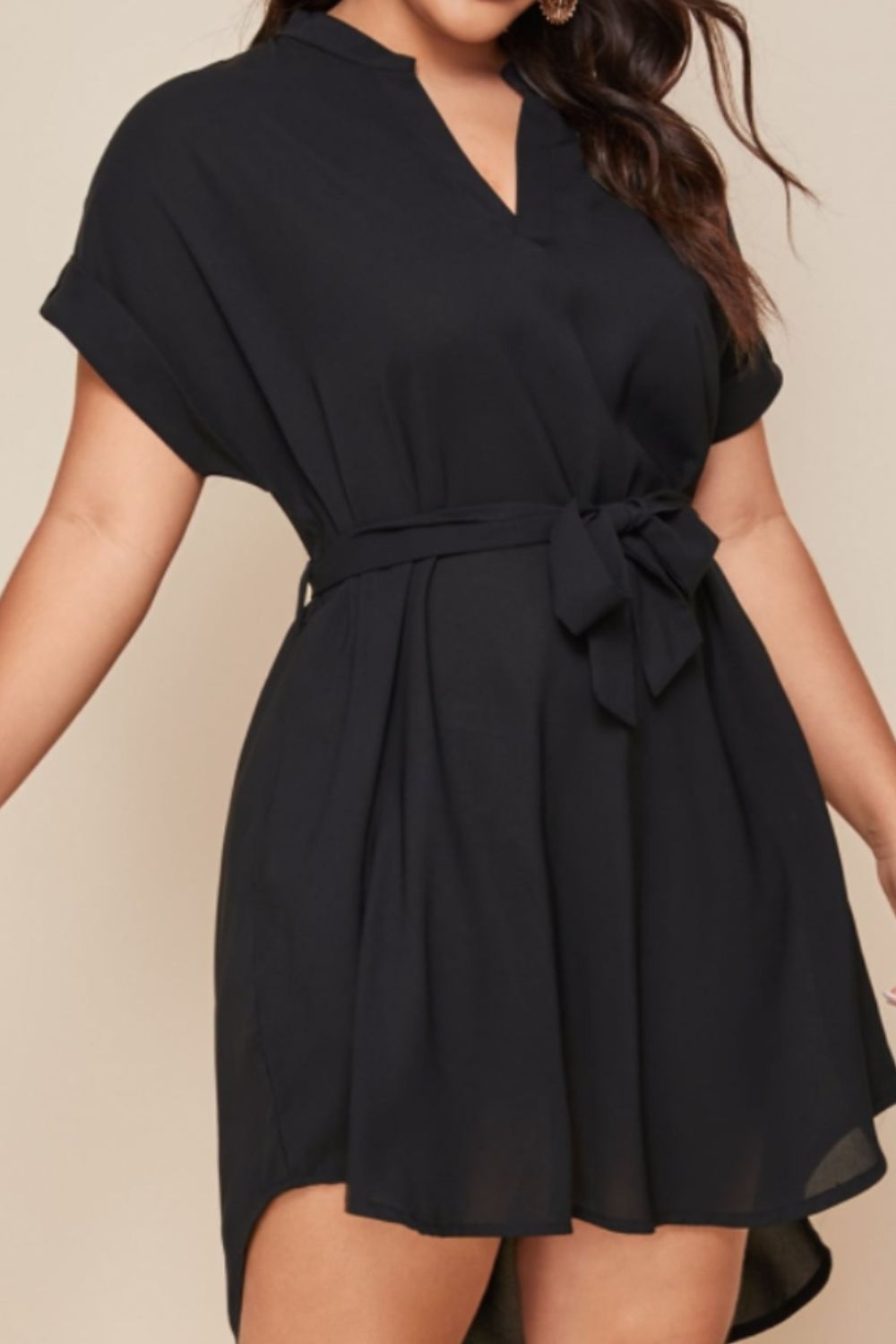 Plus Size Notched Tie Waist Mini Dress - The Boutie Shop