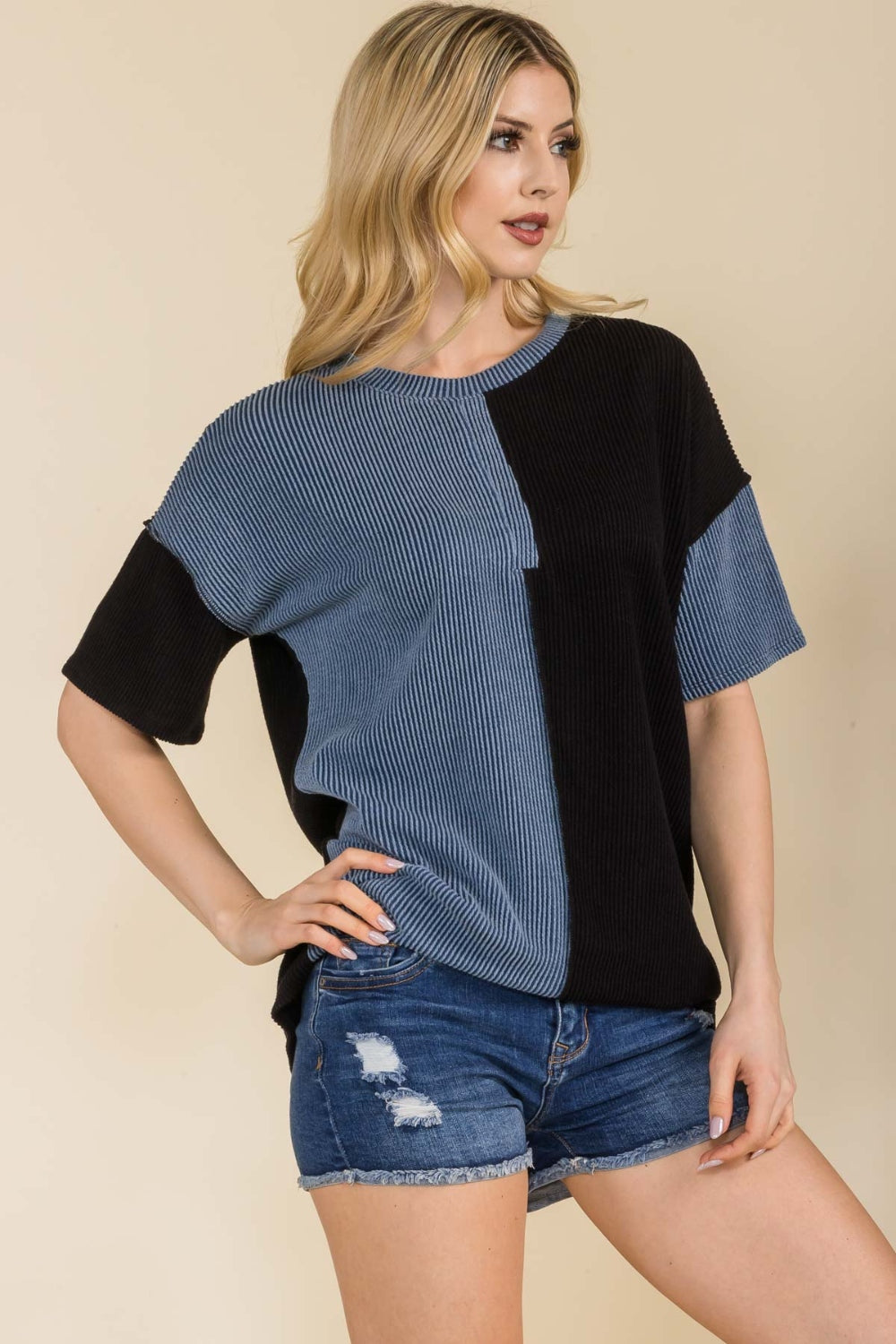 Celeste Full Size Ribbed Color Block Short Sleeve T-Shirt - The Boutie Shop