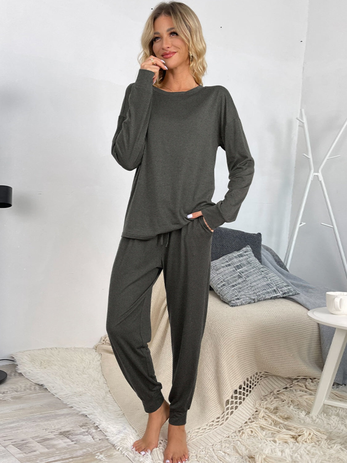 Shiny Round Neck Top and Drawstring Pants Lounge Set - The Boutie Shop