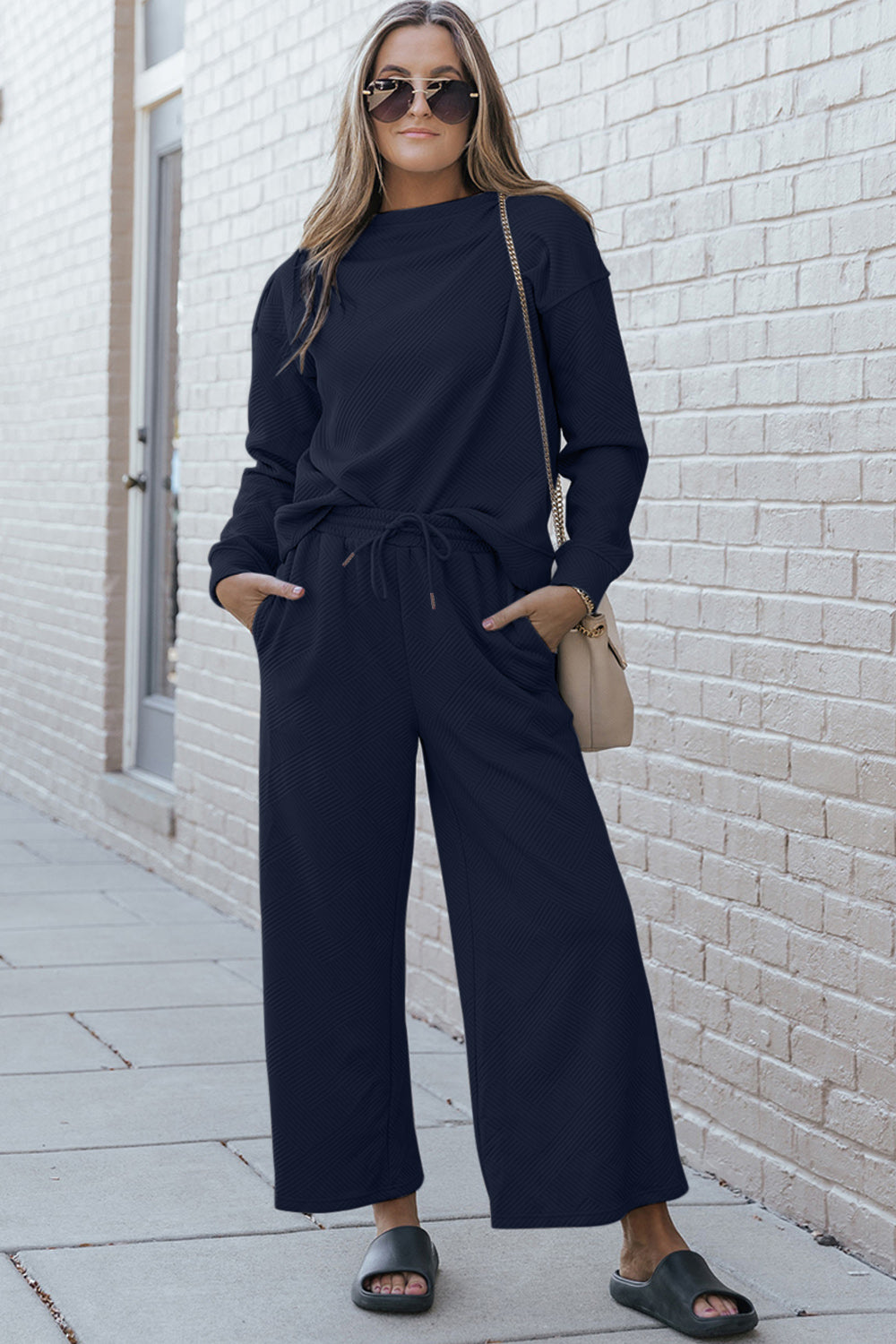 Double Take Full Size Textured Long Sleeve Top and Drawstring Pants Set - The Boutie Shop