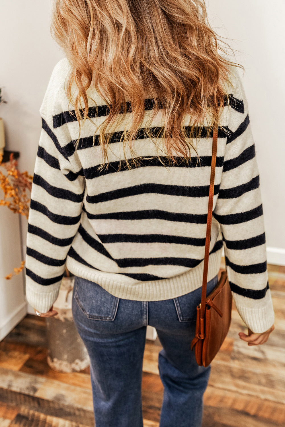 Striped Collared Neck Long Sleeve Sweater - The Boutie Shop