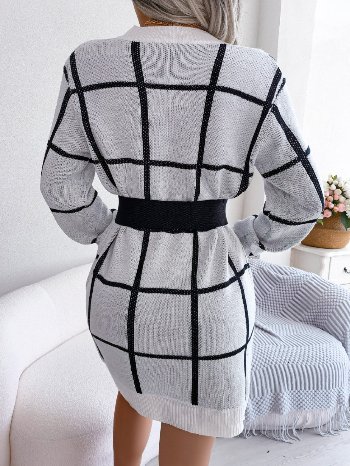 Plaid Round Neck Dropped Shoulder Sweater Dress - The Boutie Shop