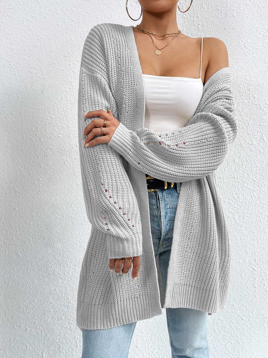 Open Front Dropped Shoulder Slit Cardigan - The Boutie Shop
