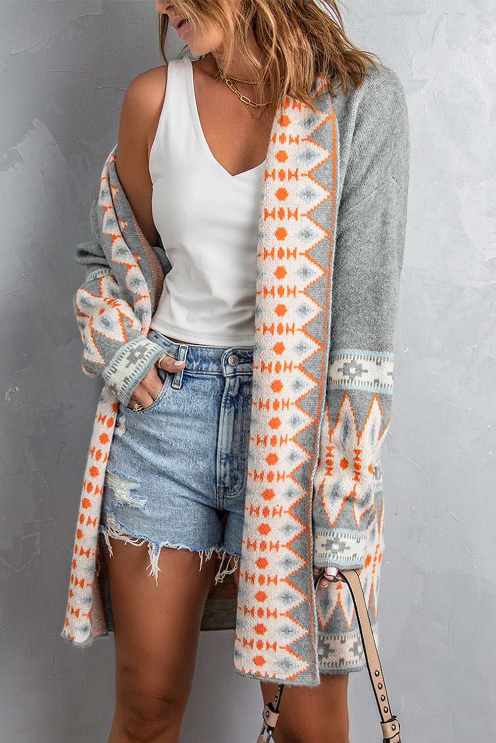 Geometric Open Front Long Sleeve Cardigan - The Boutie Shop