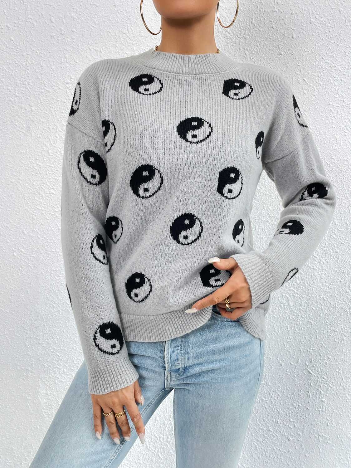 Patterned Drop Shoulder Sweater - The Boutie Shop