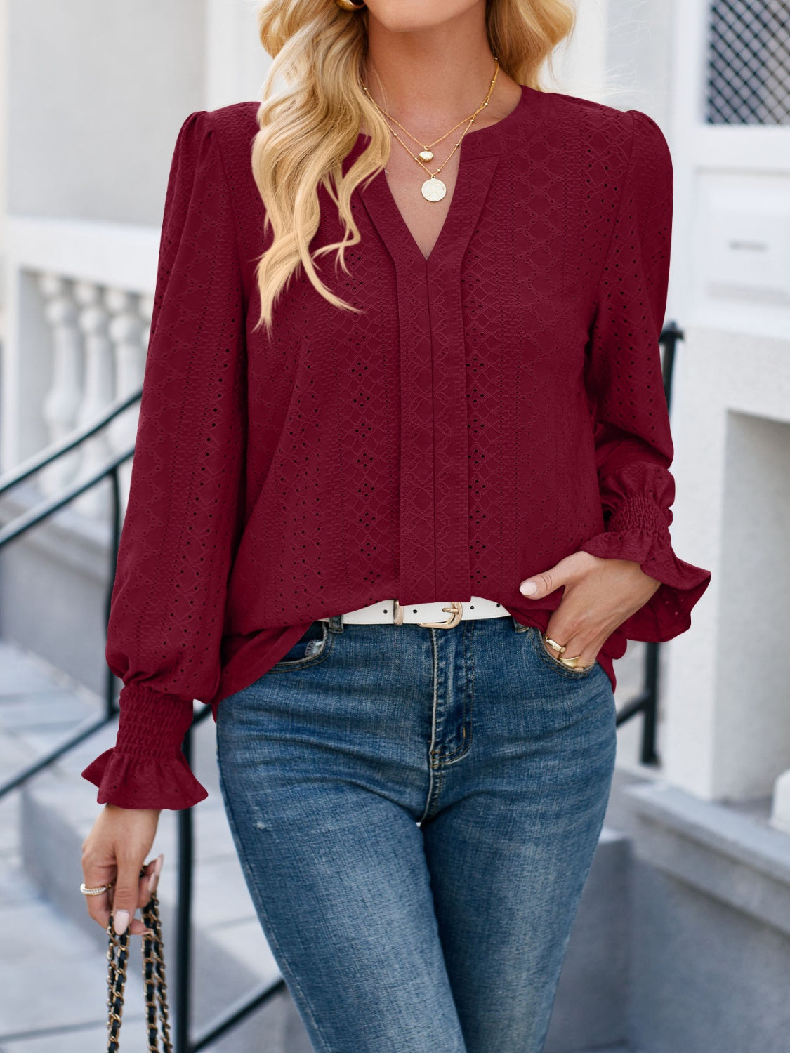 Lovelet Eyelet Notched Flounce Sleeve Blouse - The Boutie Shop