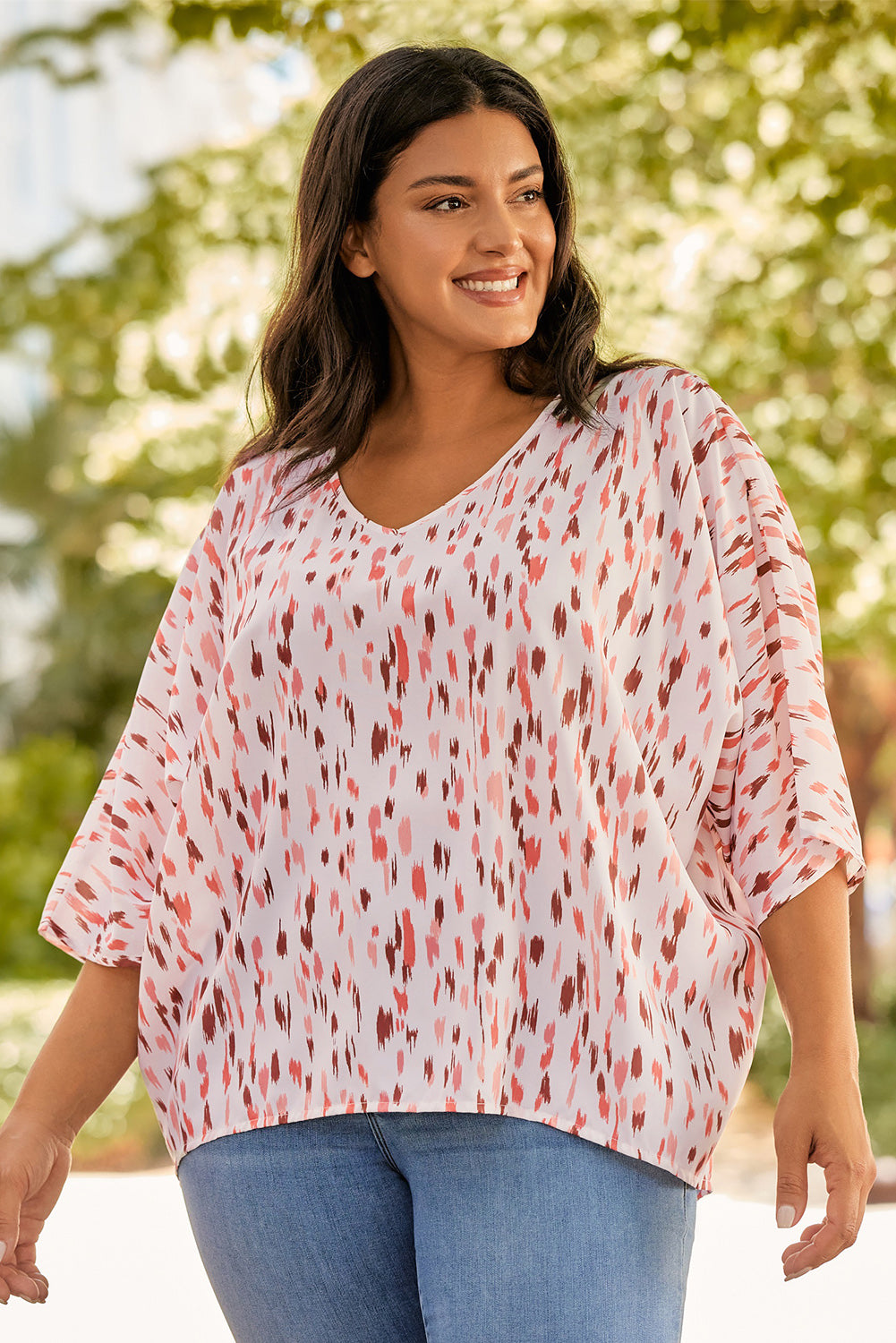 Plus Size Printed V-Neck Blouse - The Boutie Shop