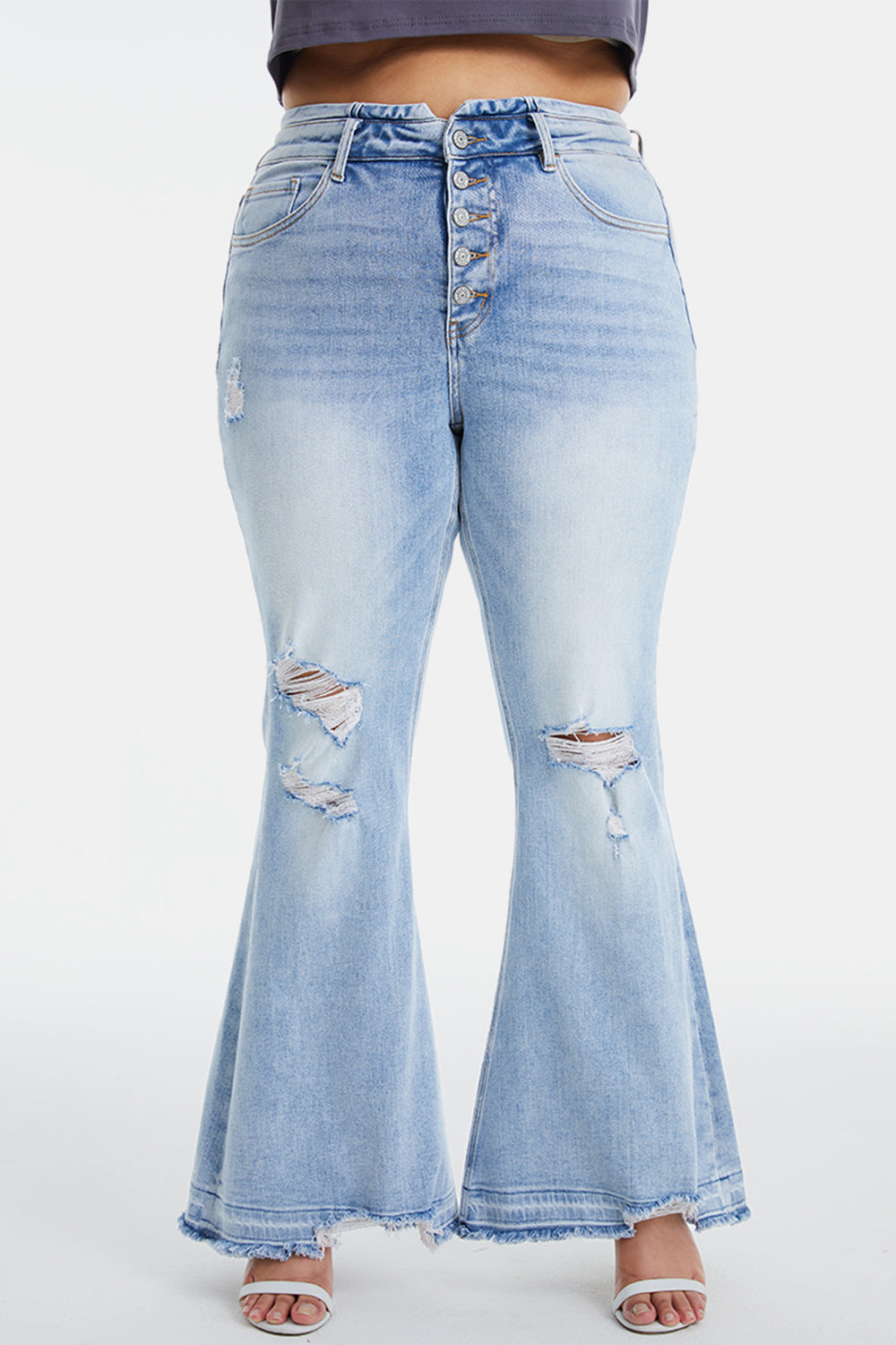 BAYEAS Full Size Distressed Raw Hem High Waist Flare Jeans - The Boutie Shop