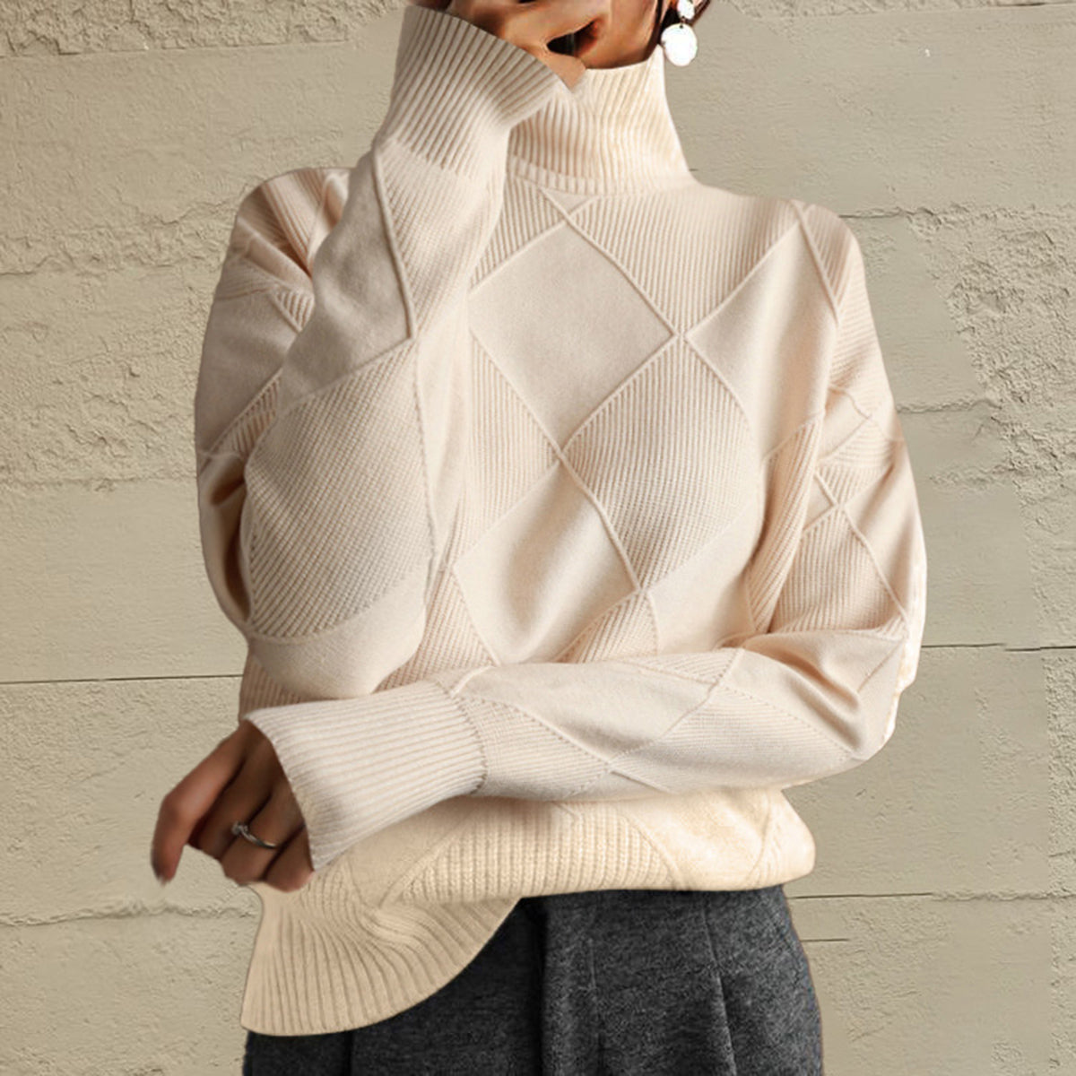 Geometric Turtleneck Long Sleeve Sweater - The Boutie Shop