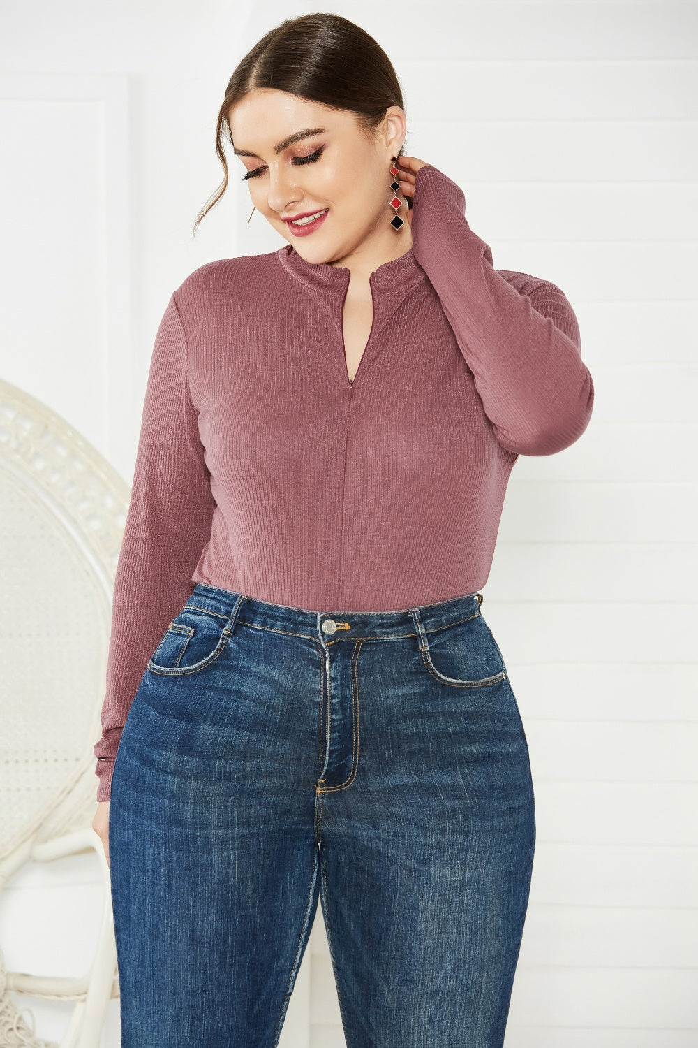 Plus Size Zip Up Long Sleeve Bodysuit - The Boutie Shop