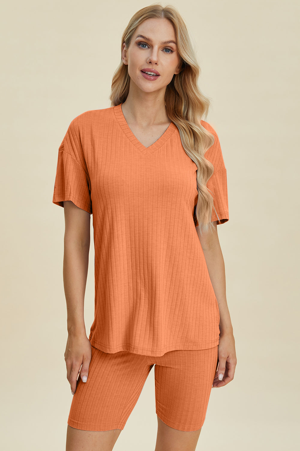 Basic Bae Full Size Ribbed V-Neck Short Sleeve Top and Shorts Set - The Boutie Shop