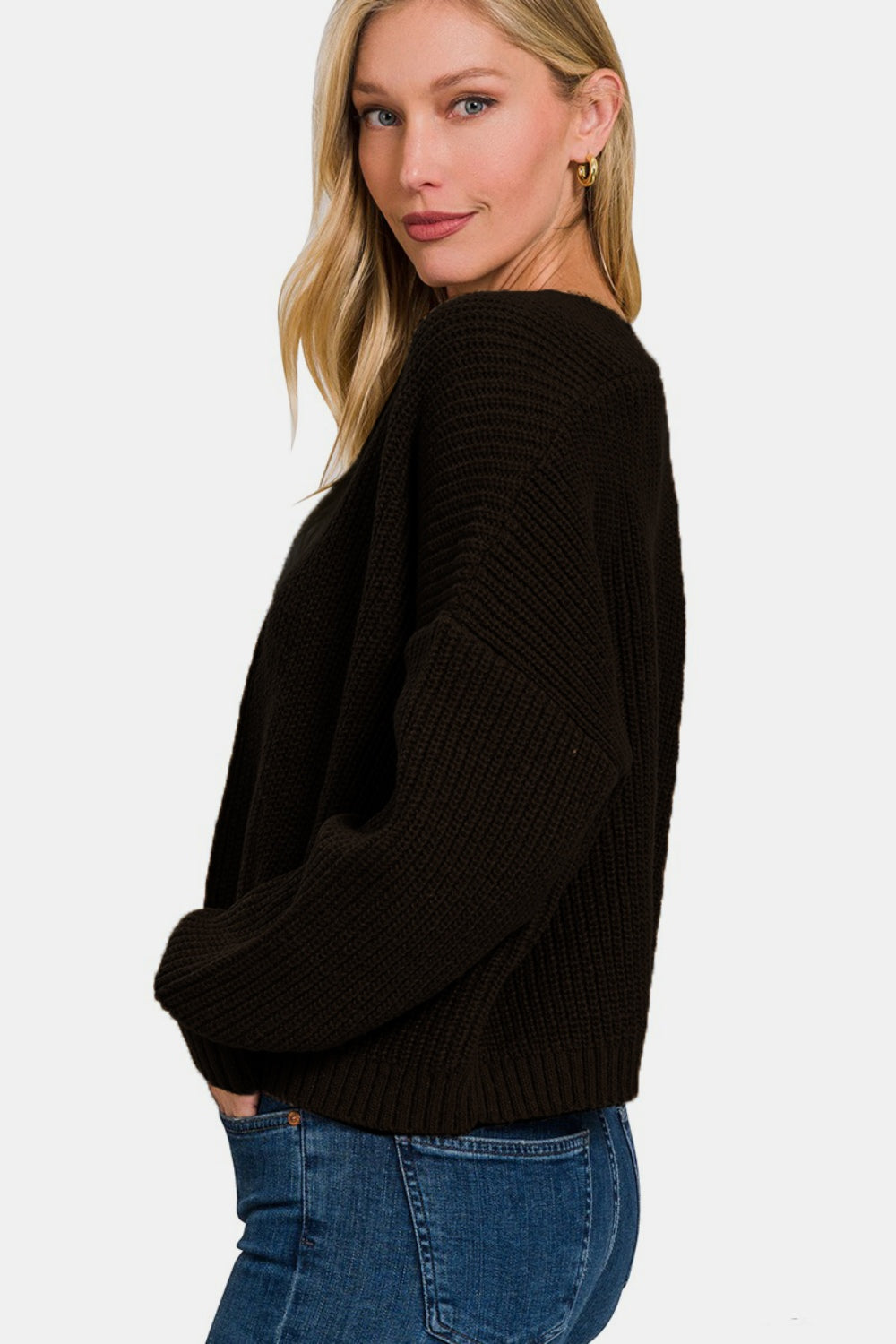 Zenana Open Front Drop Shoulder Sweater Cardigan - The Boutie Shop