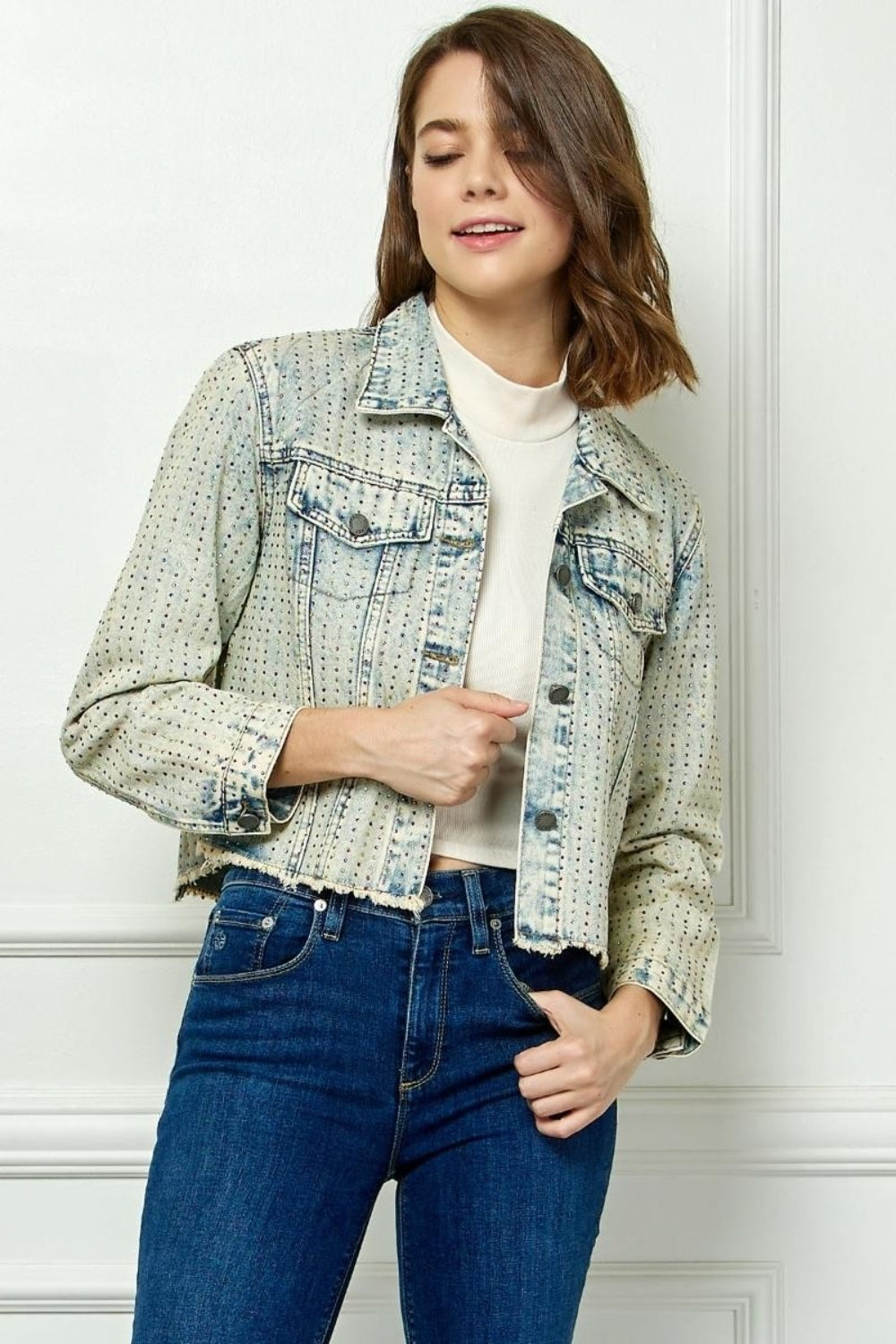 Veveret Multi Color Stripe Rhinestone Raw Hem Denim Jacket - The Boutie Shop