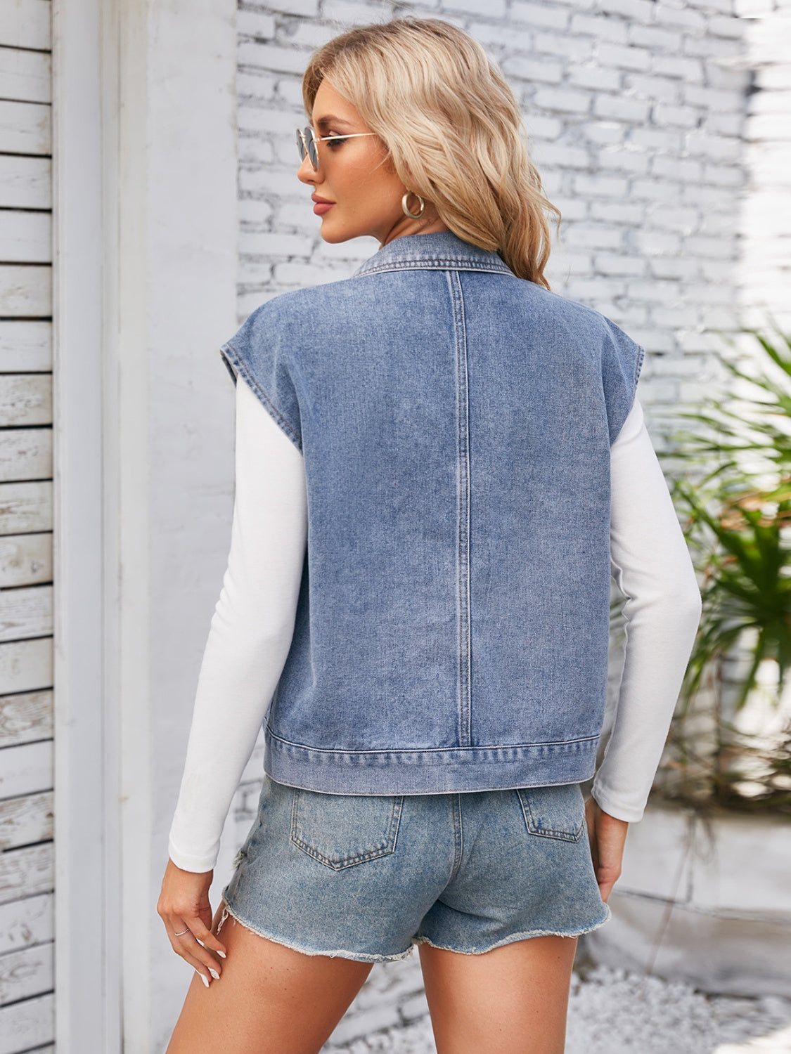 Cap Sleeve Denim Jacket with Pockets - The Boutie Shop