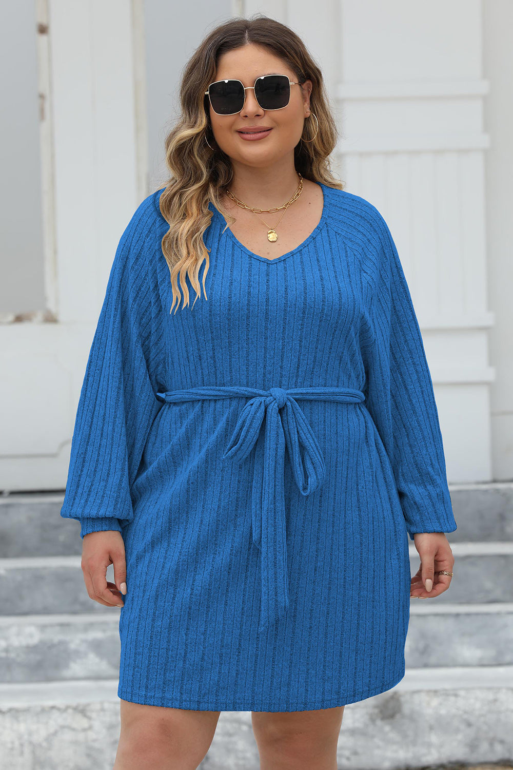 Plus Size Ribbed Tie Front Long Sleeve Sweater Dress - The Boutie Shop