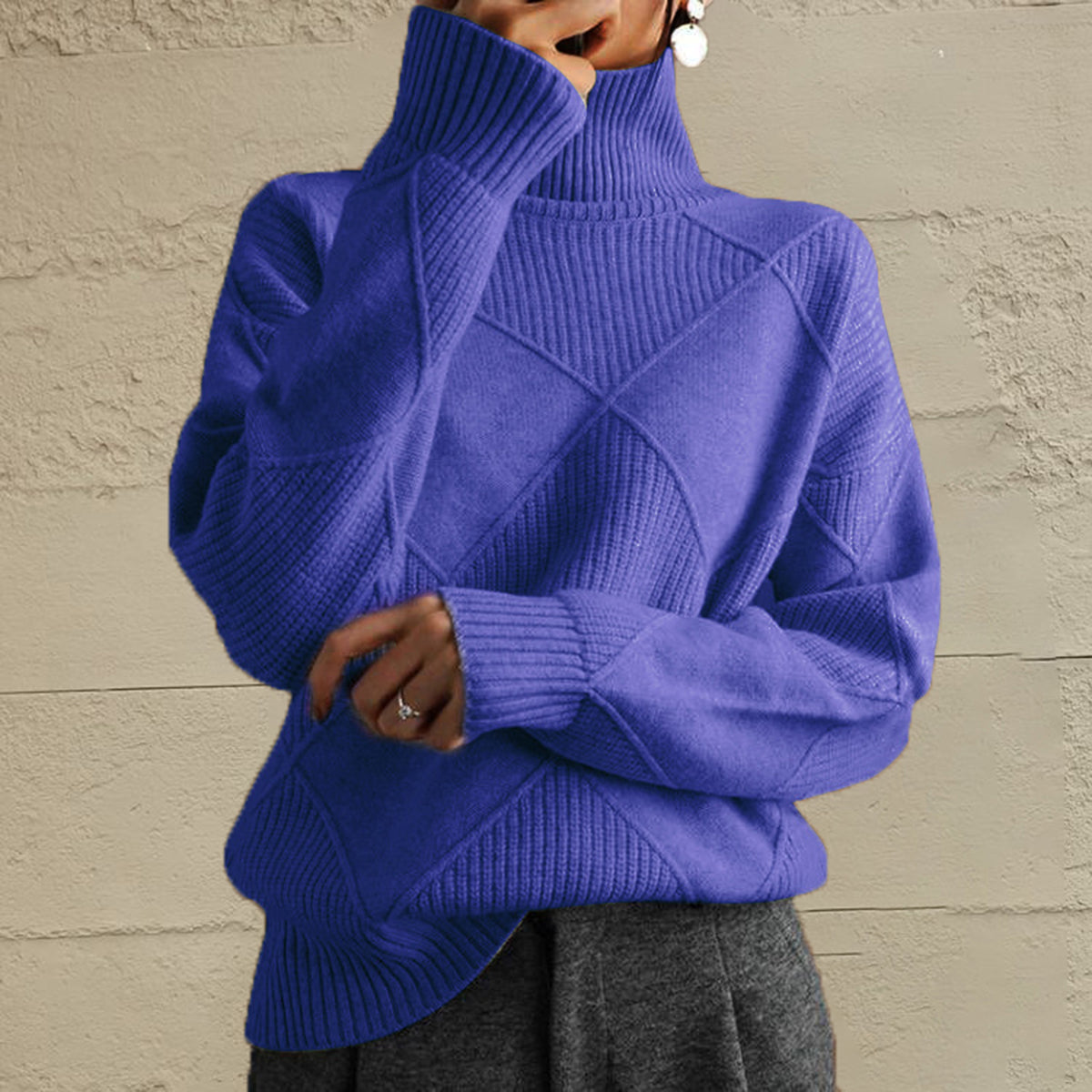 Geometric Turtleneck Long Sleeve Sweater - The Boutie Shop