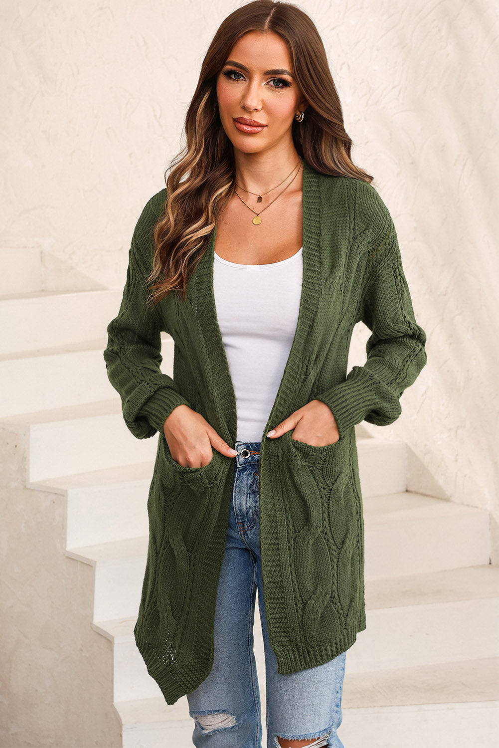 Cable-Knit Dropped Shoulder Slit Cardigan - The Boutie Shop