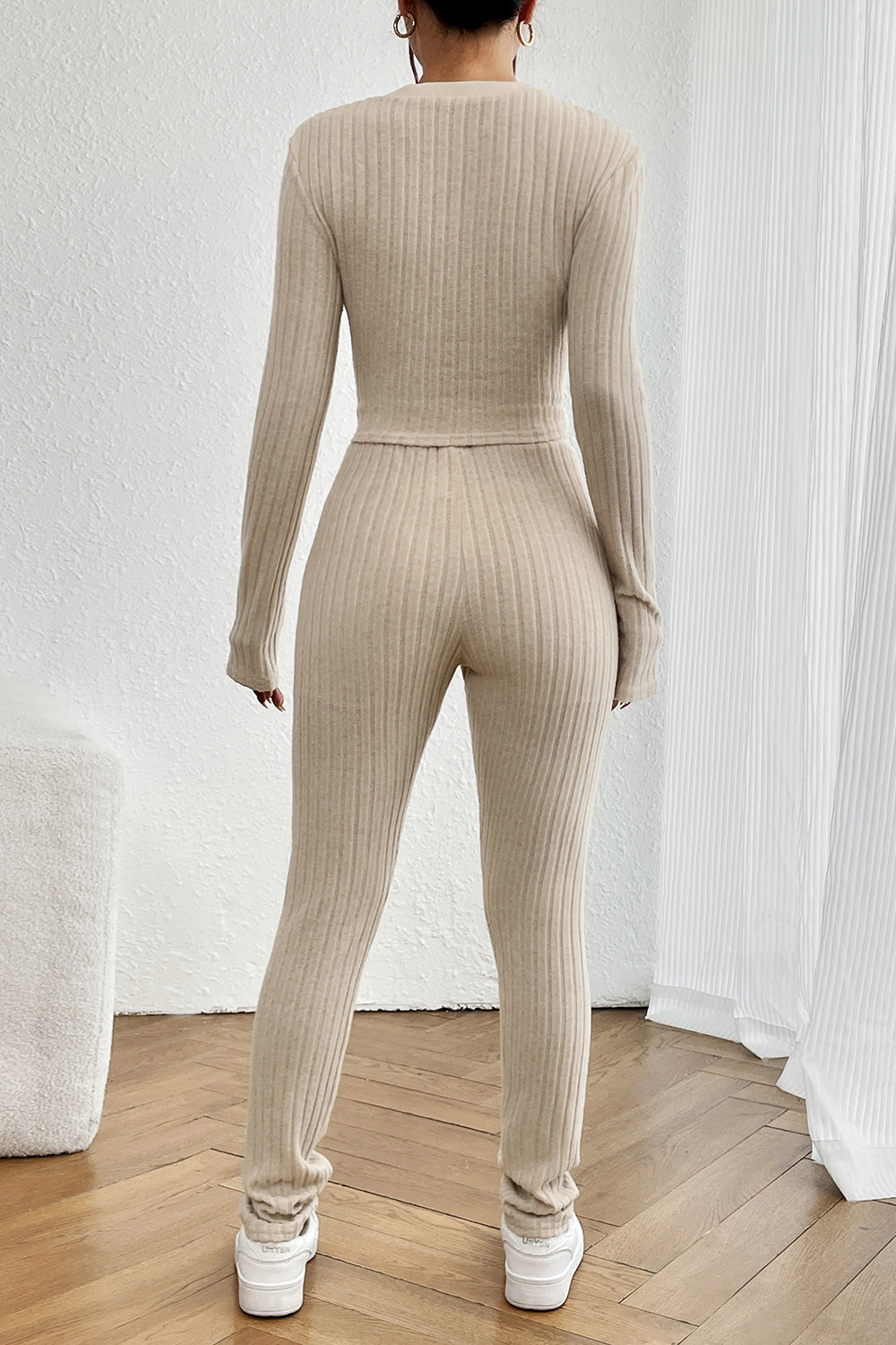 Ribbed V-Neck Long Sleeve Cropped Top and Pants Set - The Boutie Shop