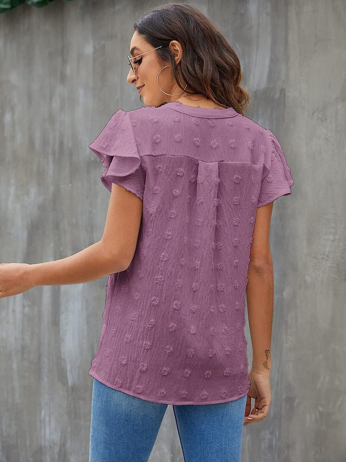 Swiss Dot Notched Cap Sleeve Blouse - The Boutie Shop