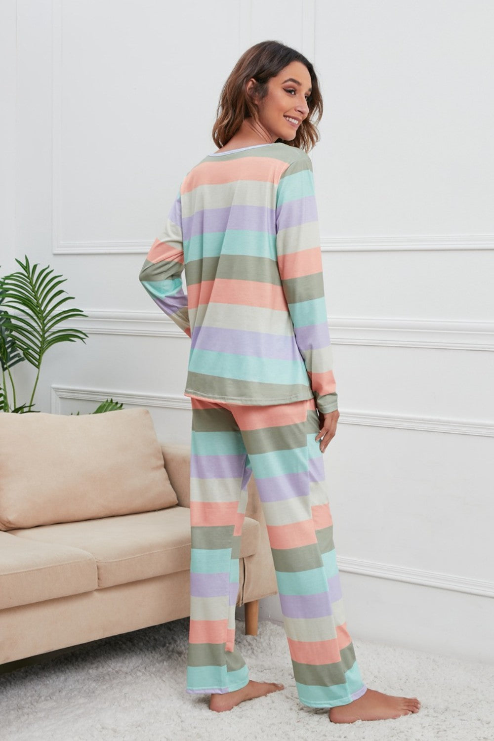 Striped Round Neck Long Sleeve Top and Drawstring Pants Lounge Set - The Boutie Shop