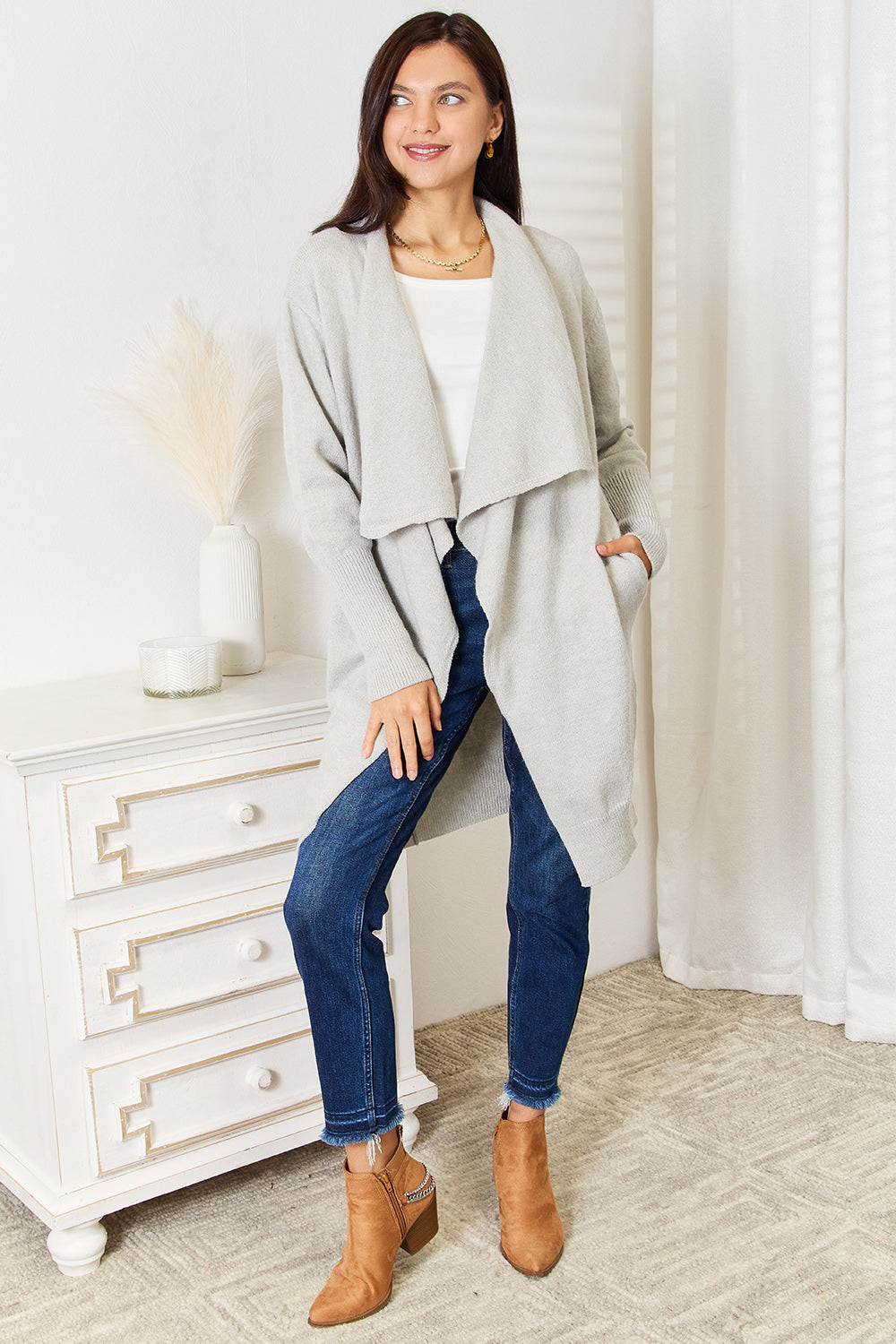 Angel Wings Open Front Duster Cardigan with Pockets - The Boutie Shop