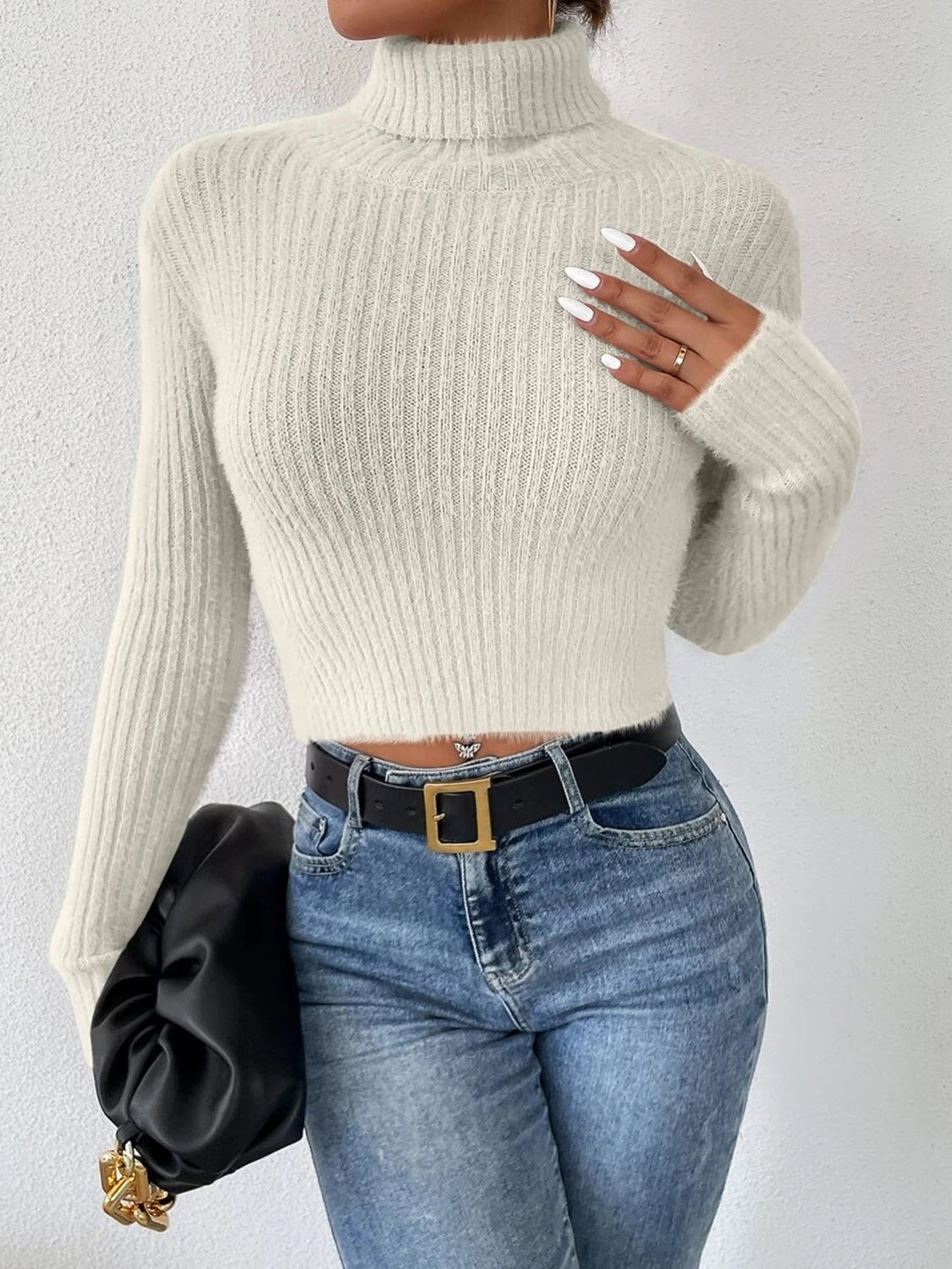 Ribbed Turtleneck Long Sleeve Sweater - The Boutie Shop