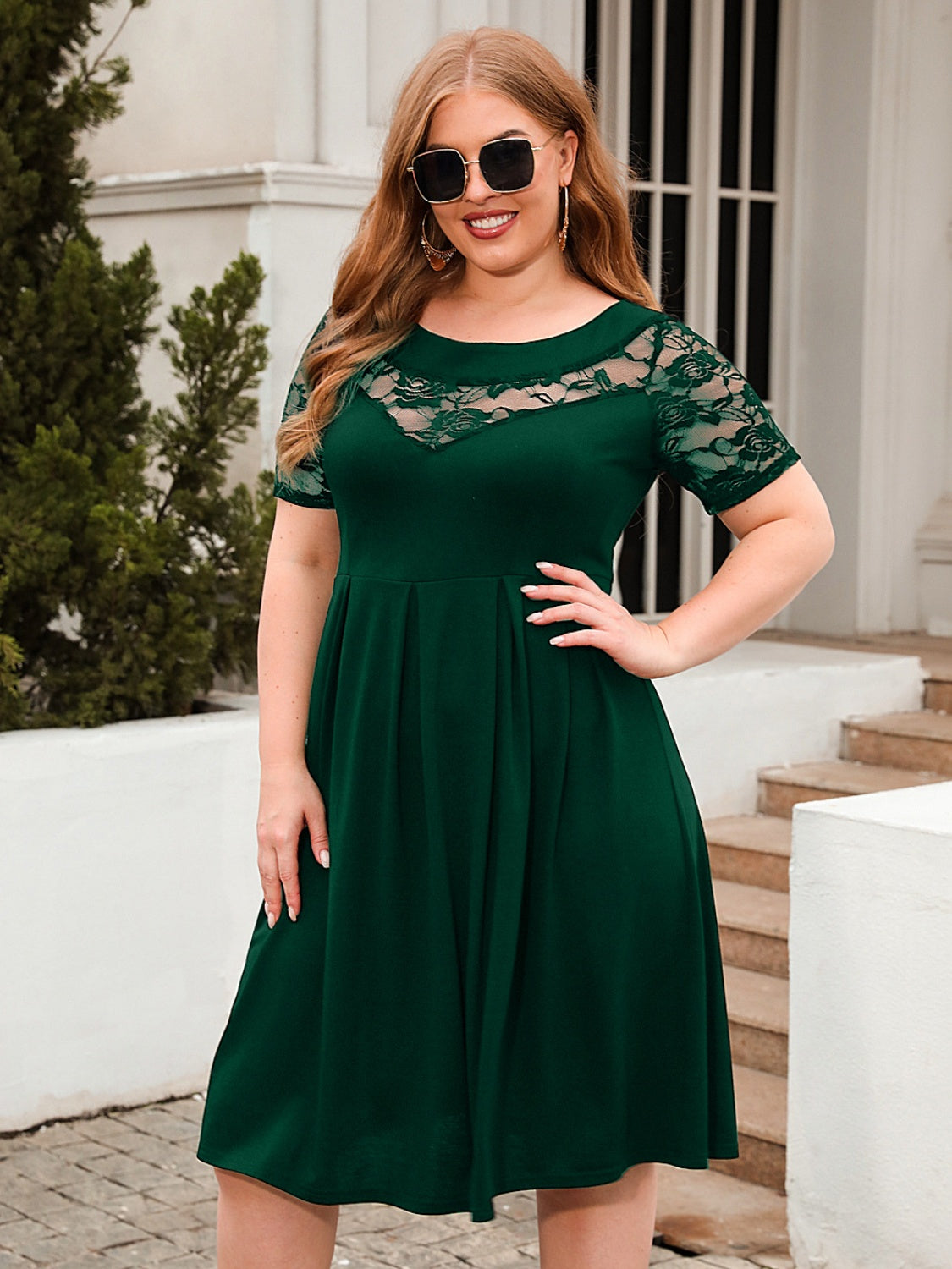 Plus Size Ruched Round Neck Short Sleeve Dress - The Boutie Shop