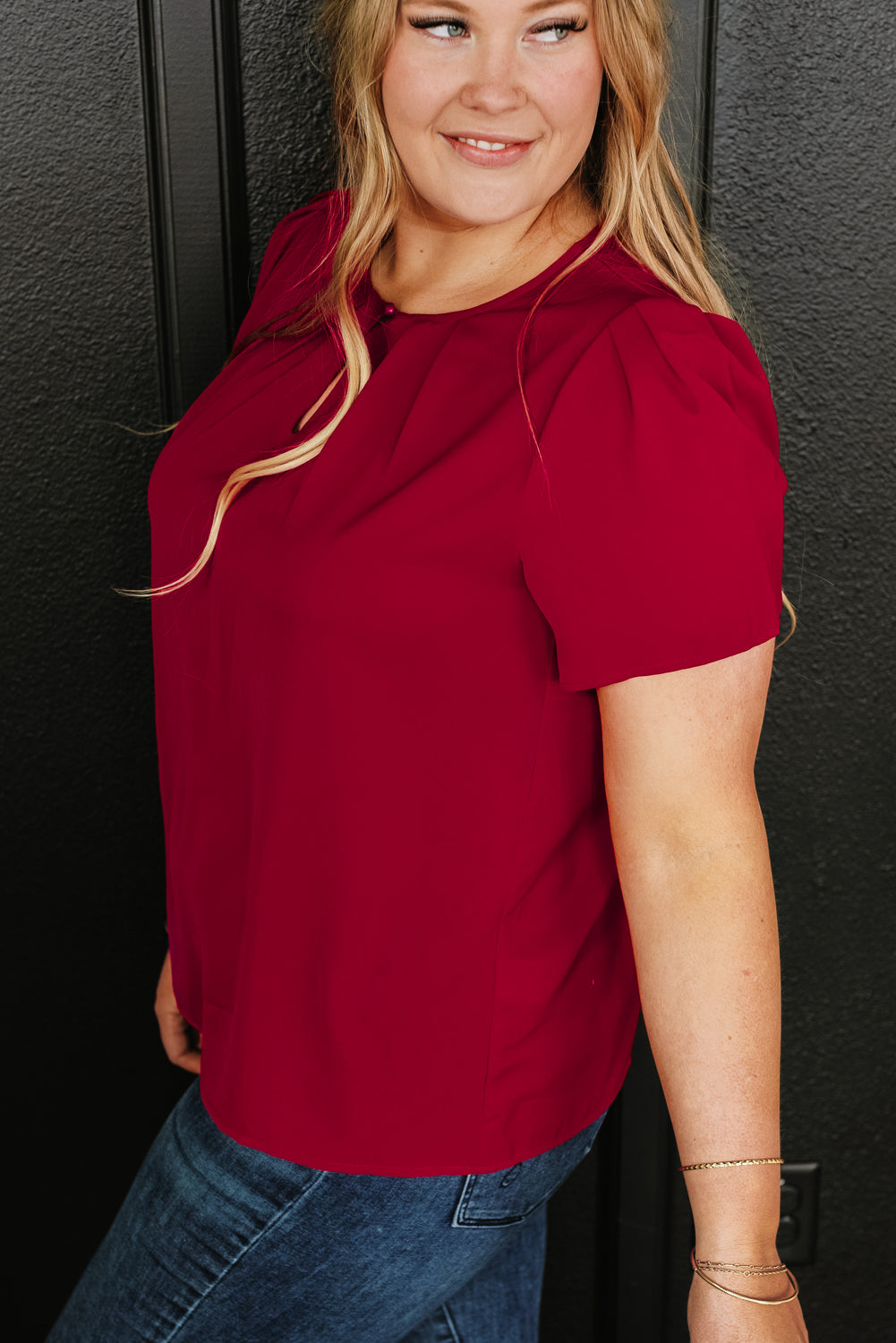 Plus Size Round Neck Short Sleeve Blouse - The Boutie Shop