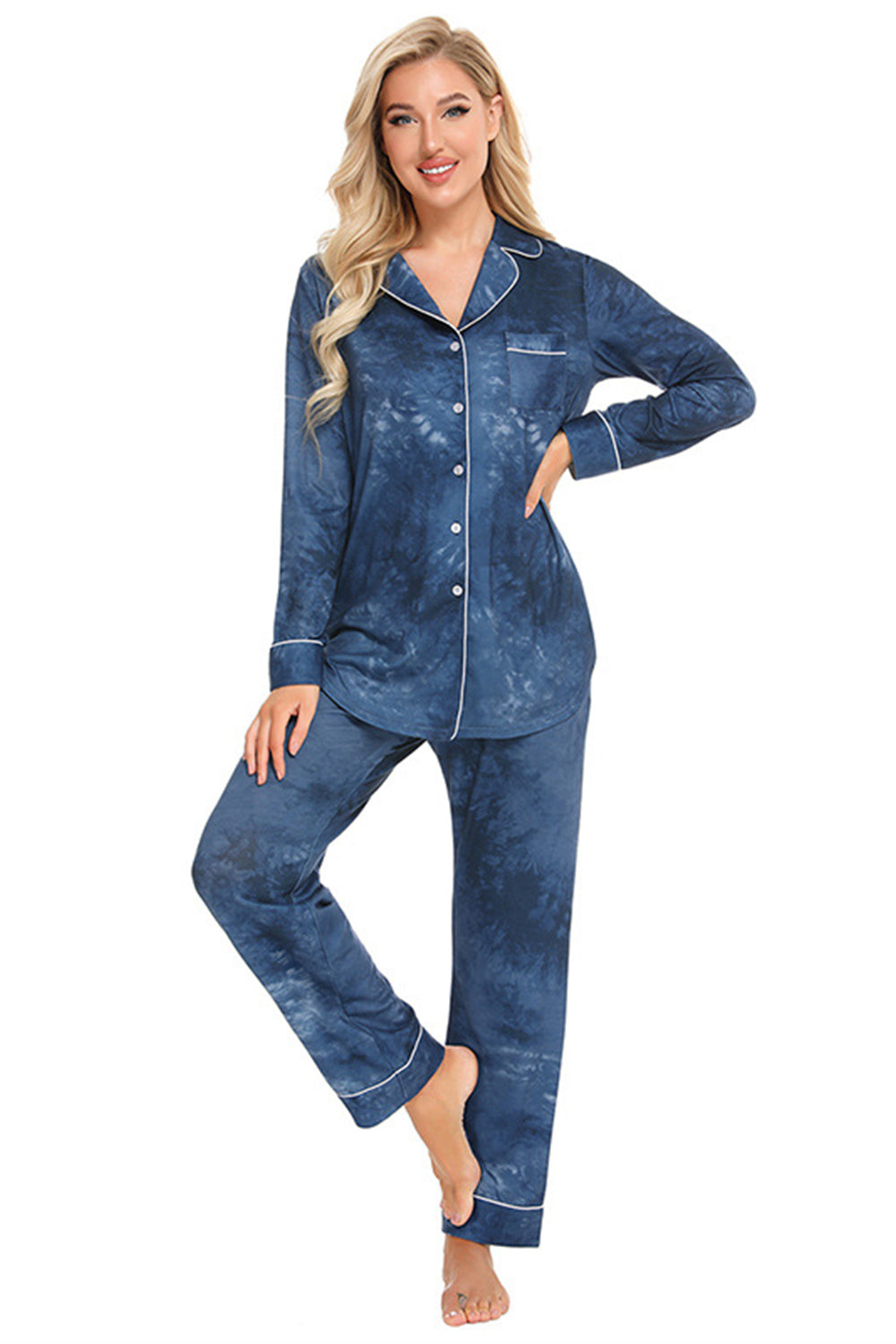 Collared Neck Long Sleeve Loungewear Set with Pockets - The Boutie Shop