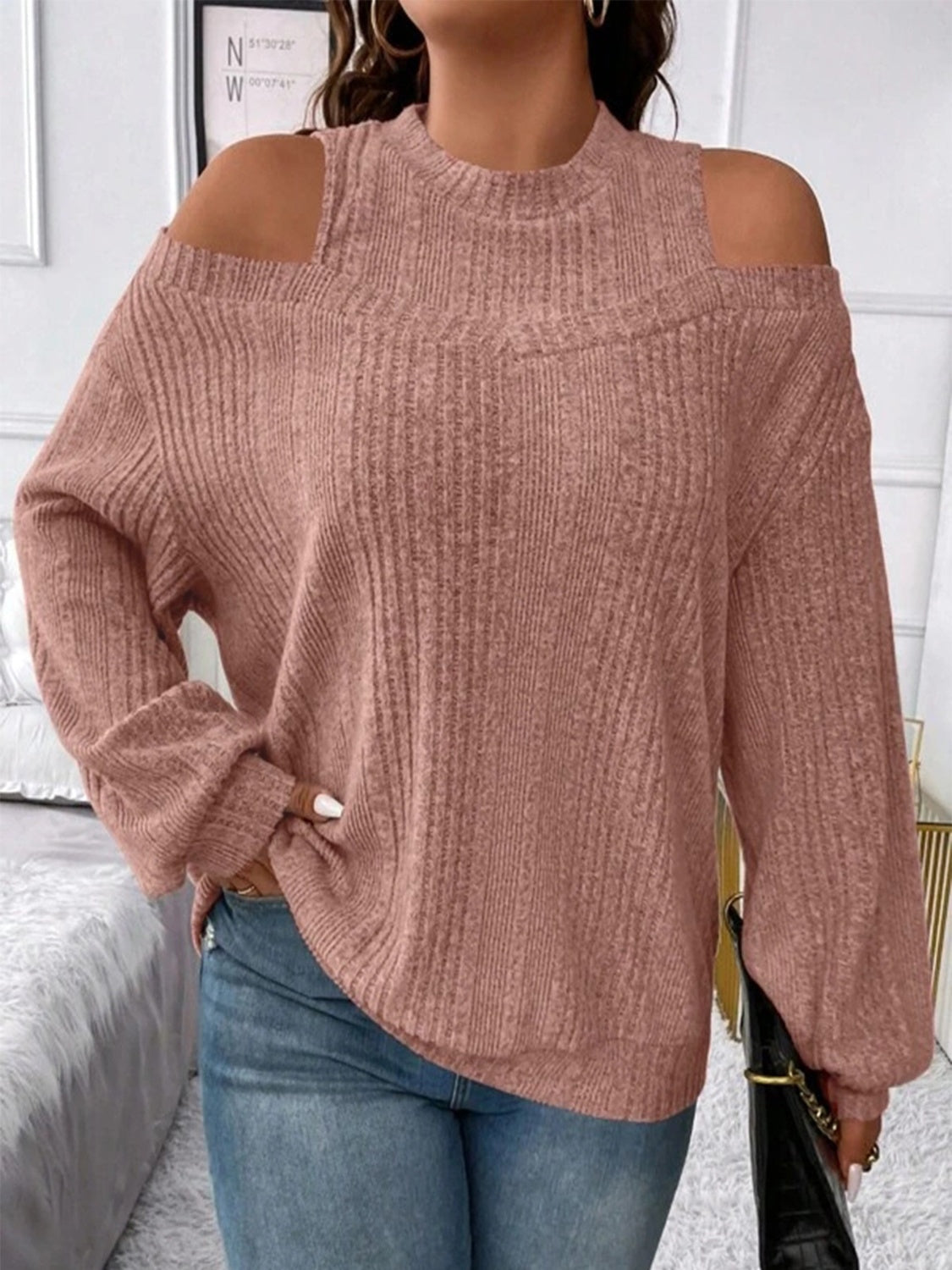 Round Neck Cold Shoulder Sweater - The Boutie Shop