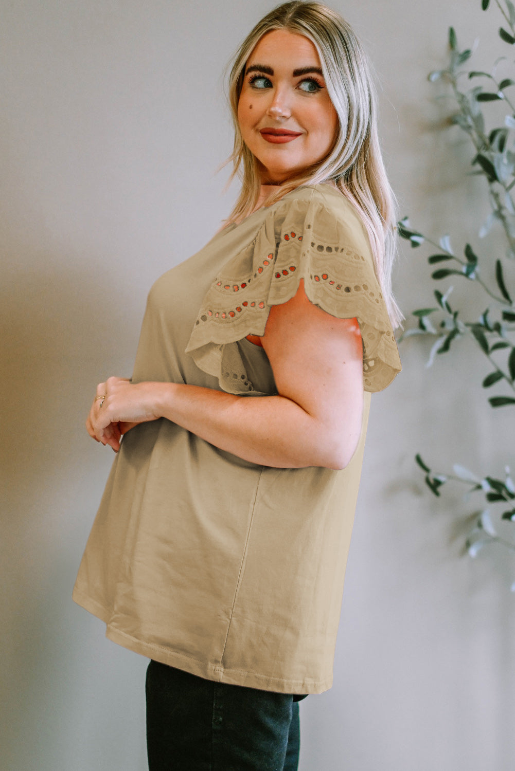 Plus Size Eyelet Round Neck Short Sleeve Blouse - The Boutie Shop