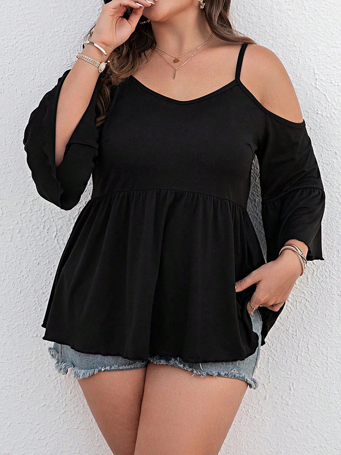 Plus Size Cold Shoulder Flounce Sleeve Blouse - The Boutie Shop