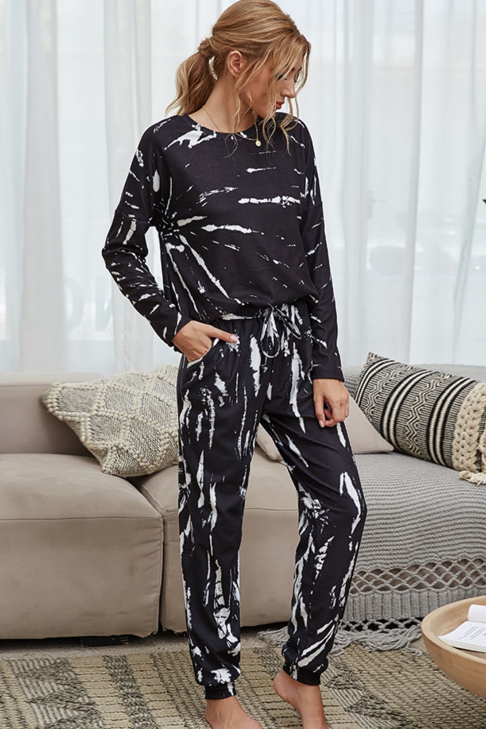 Shiny Tie-Dye Round Neck Top and Drawstring Waist Joggers Lounge Set - The Boutie Shop