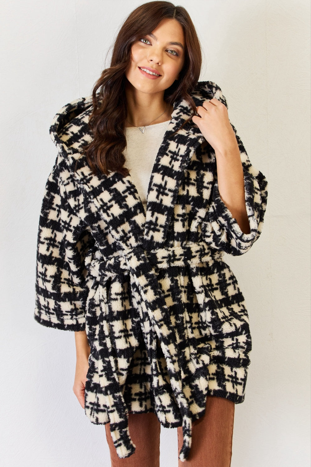 J.NNA Fuzzy Plaid Waist Tie Hooded Robe Cardigan - The Boutie Shop