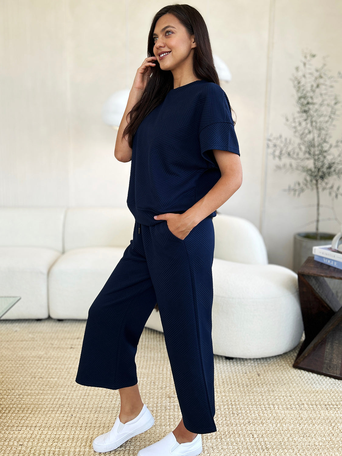 Double Take Full Size Texture Short Sleeve Top and Pants Set - The Boutie Shop