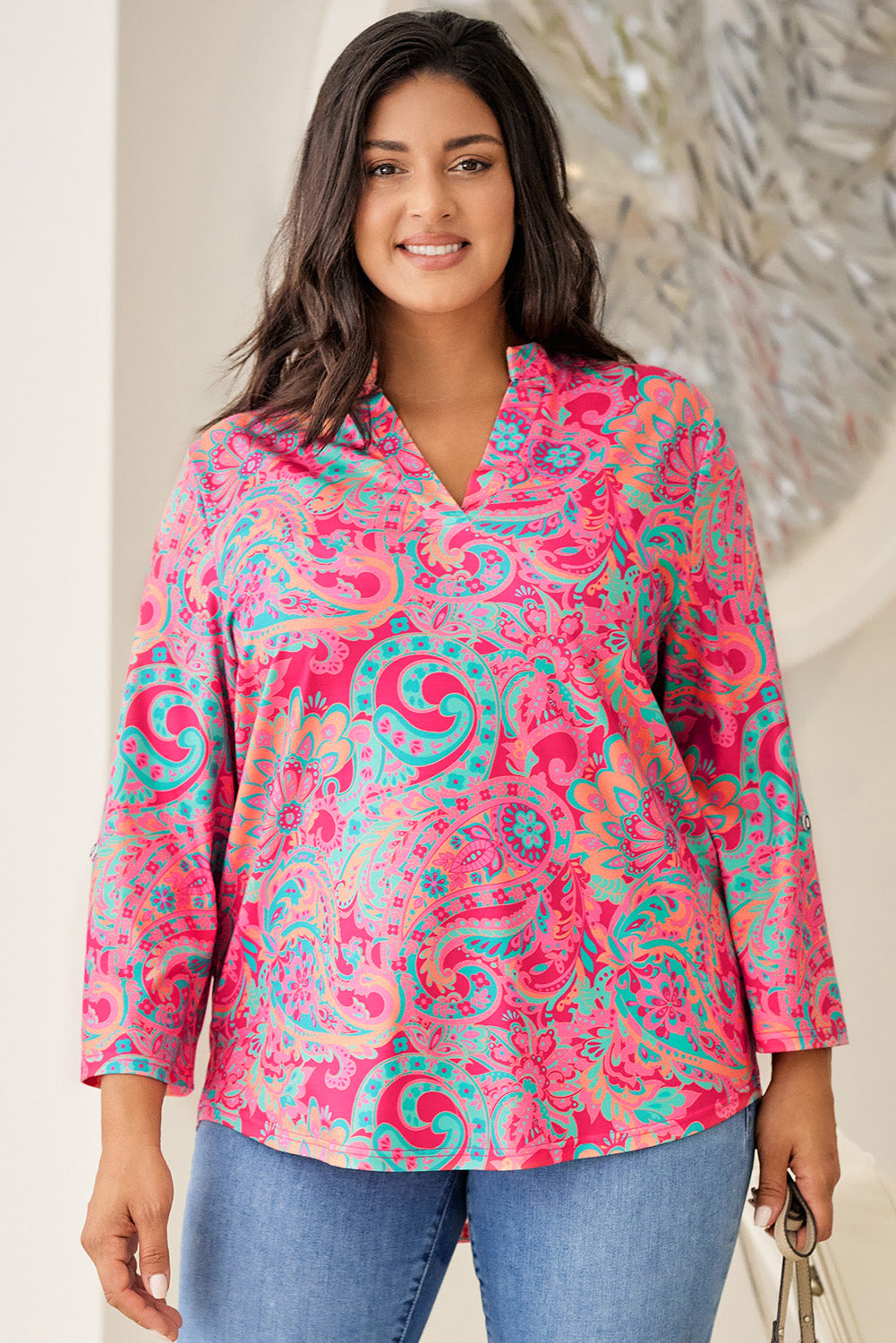 Plus Size Printed Notched Long Sleeve Blouse - The Boutie Shop