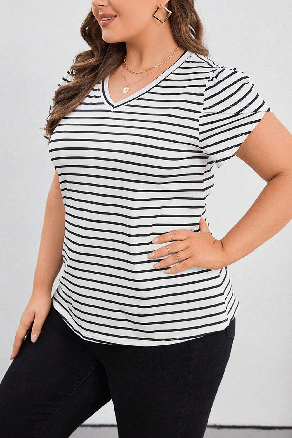 Plus Size Striped V-Neck Short Sleeve T-Shirt - The Boutie Shop