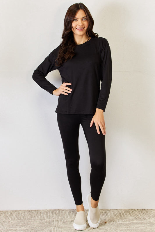 JULIA Round Neck Long Sleeve T-Shirt and Leggings Set - The Boutie Shop