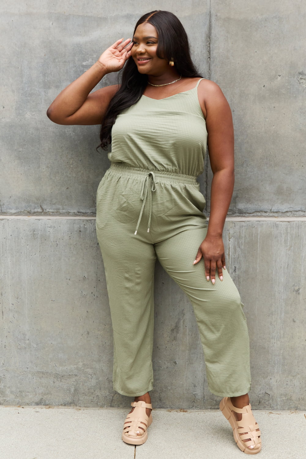 ODDI Full Size Textured Woven Jumpsuit in Sage - The Boutie Shop