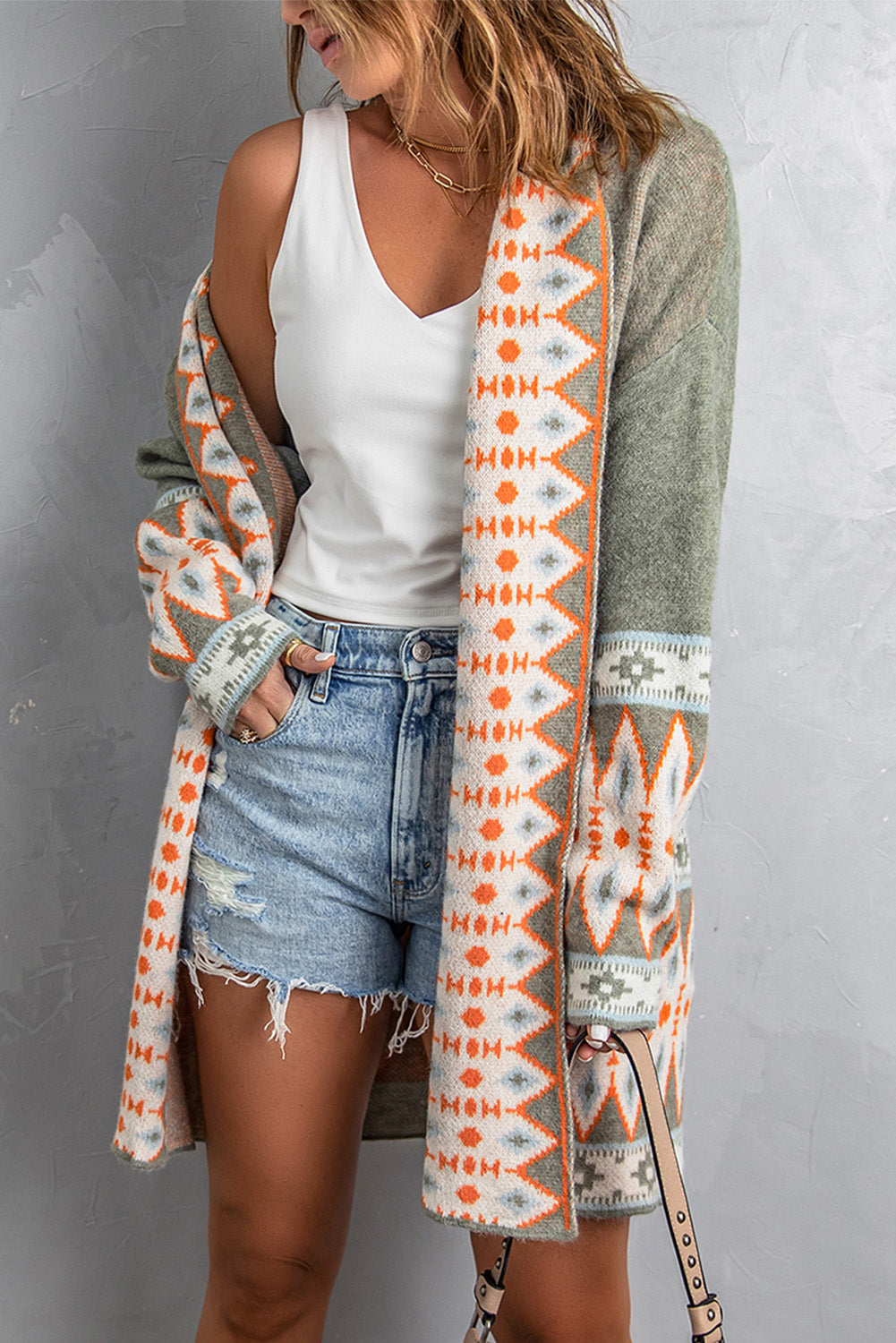 Geometric Open Front Long Sleeve Cardigan - The Boutie Shop