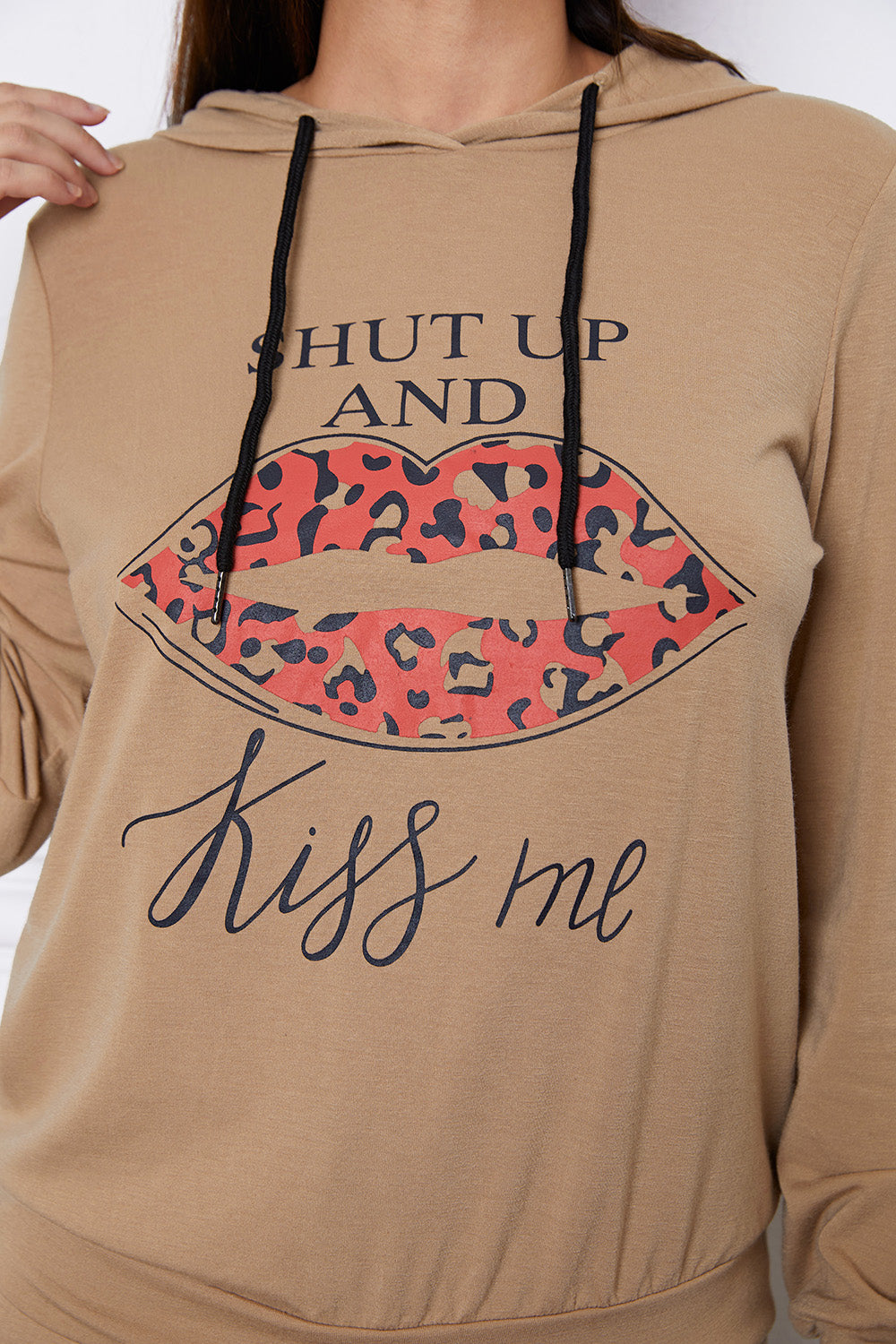 SHUT UP AND KISS ME Lip Graphic Hooded Top and Drawstring Pants Set - The Boutie Shop