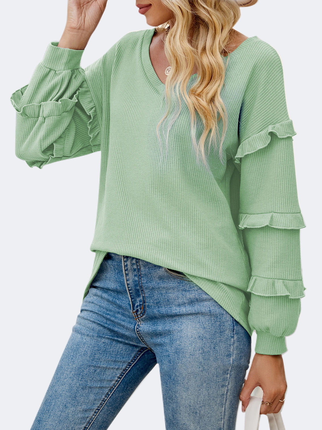 Ruffled V-Neck Long Sleeve T-Shirt - The Boutie Shop