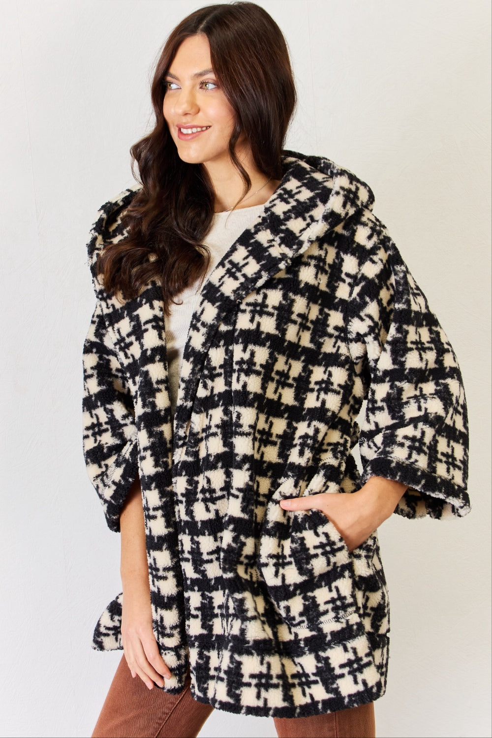 J.NNA Fuzzy Plaid Waist Tie Hooded Robe Cardigan - The Boutie Shop