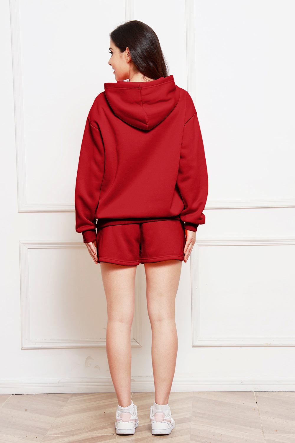 Drop Shoulder Long Sleeve Hoodie and Shorts Set - The Boutie Shop