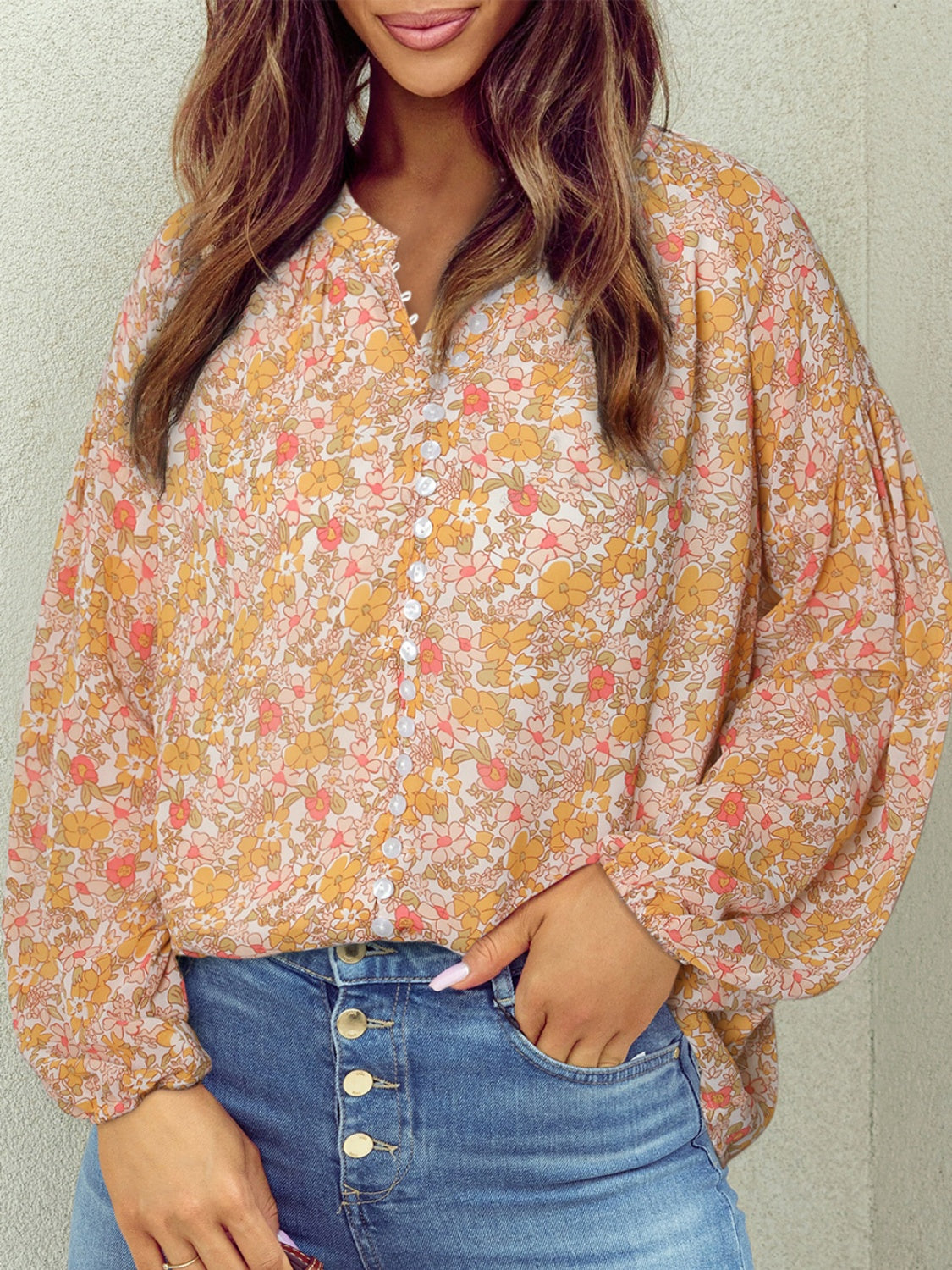 Printed Notched Balloon Sleeve Blouse - The Boutie Shop