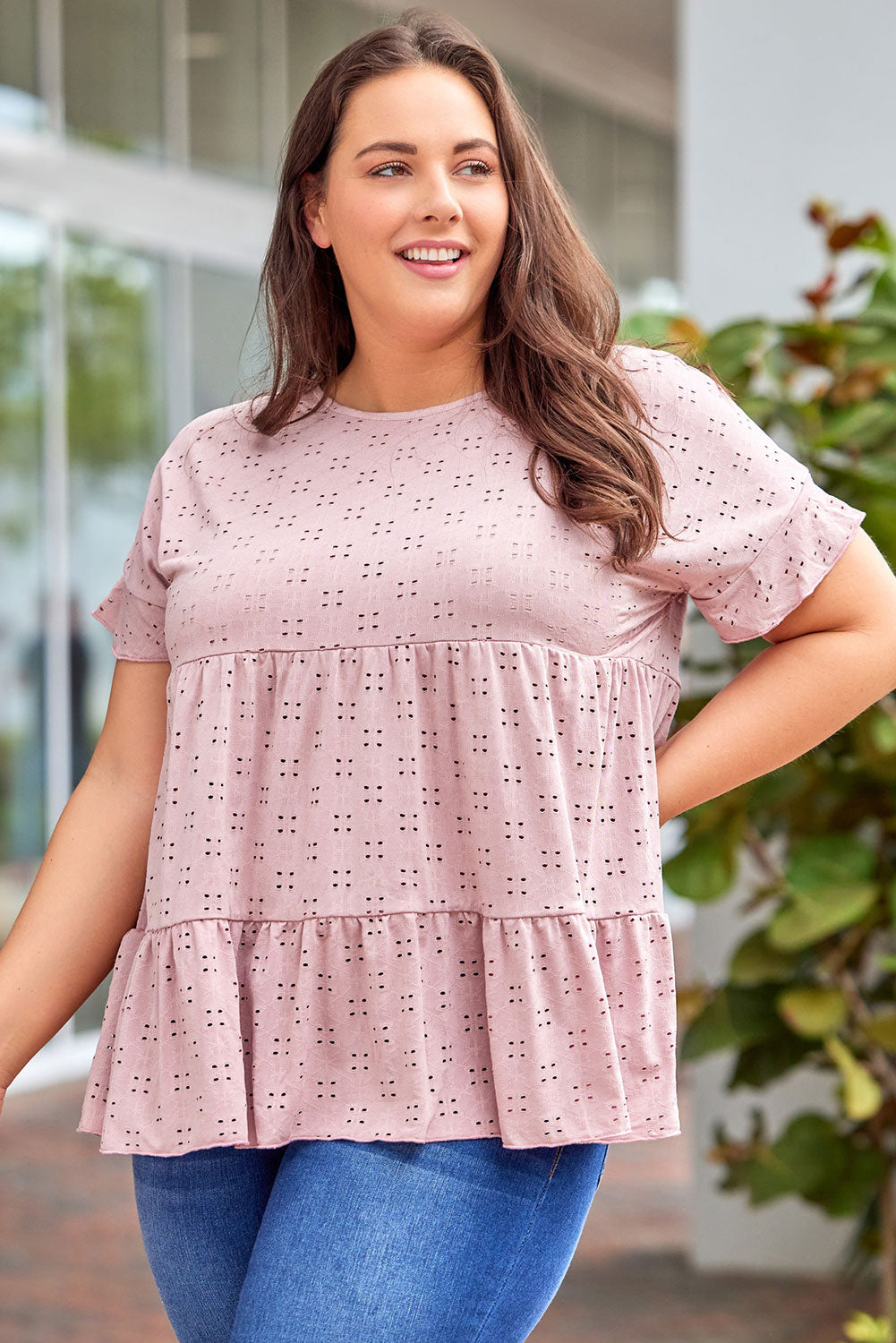 Plus Size Eyelet Round Neck Short Sleeve Blouse - The Boutie Shop