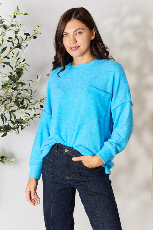 Zenana Round Neck Long Sleeve Sweater with Pocket - The Boutie Shop