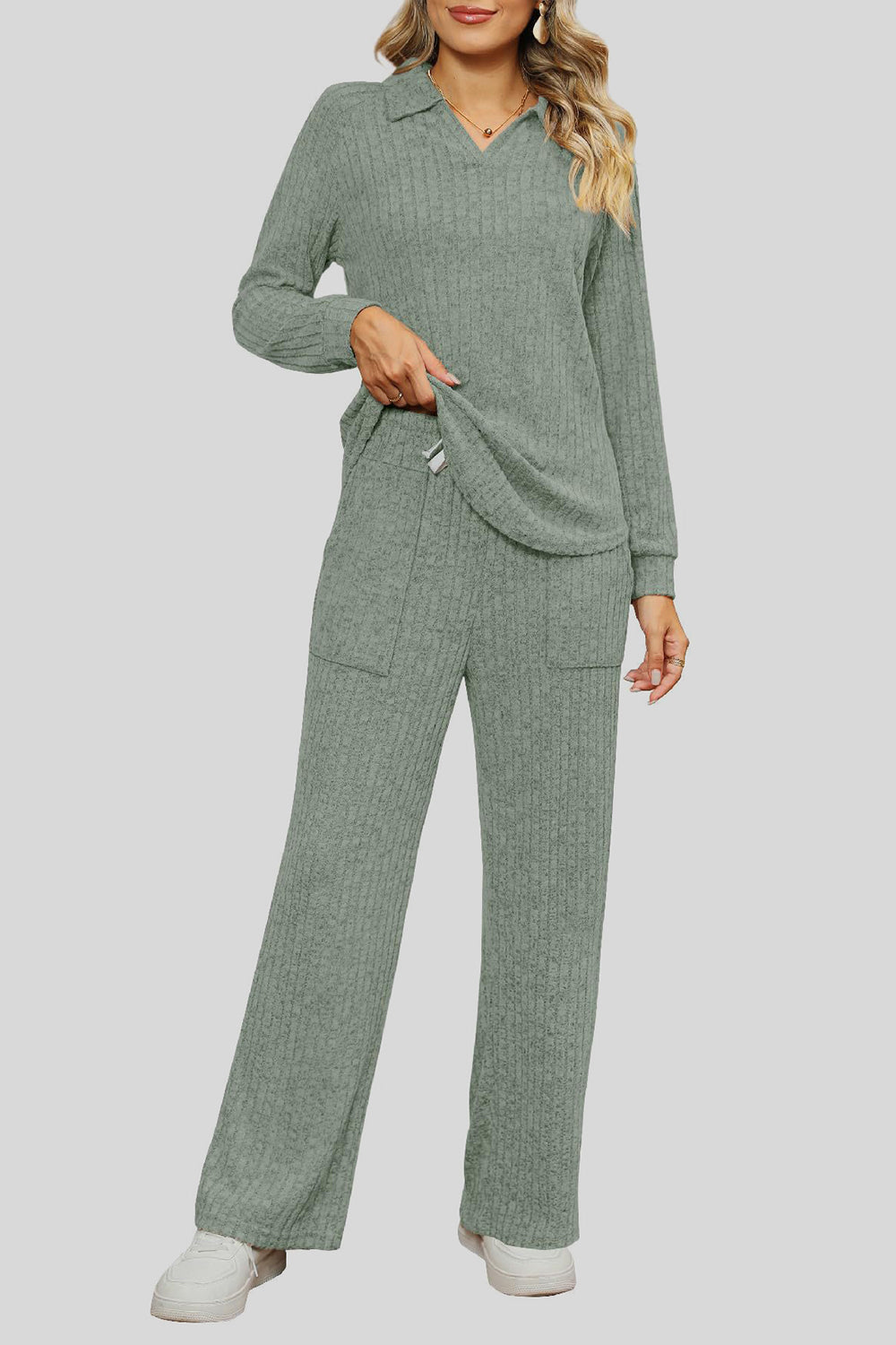 Ribbed Long Sleeve Top and Pocketed Pants Set - The Boutie Shop