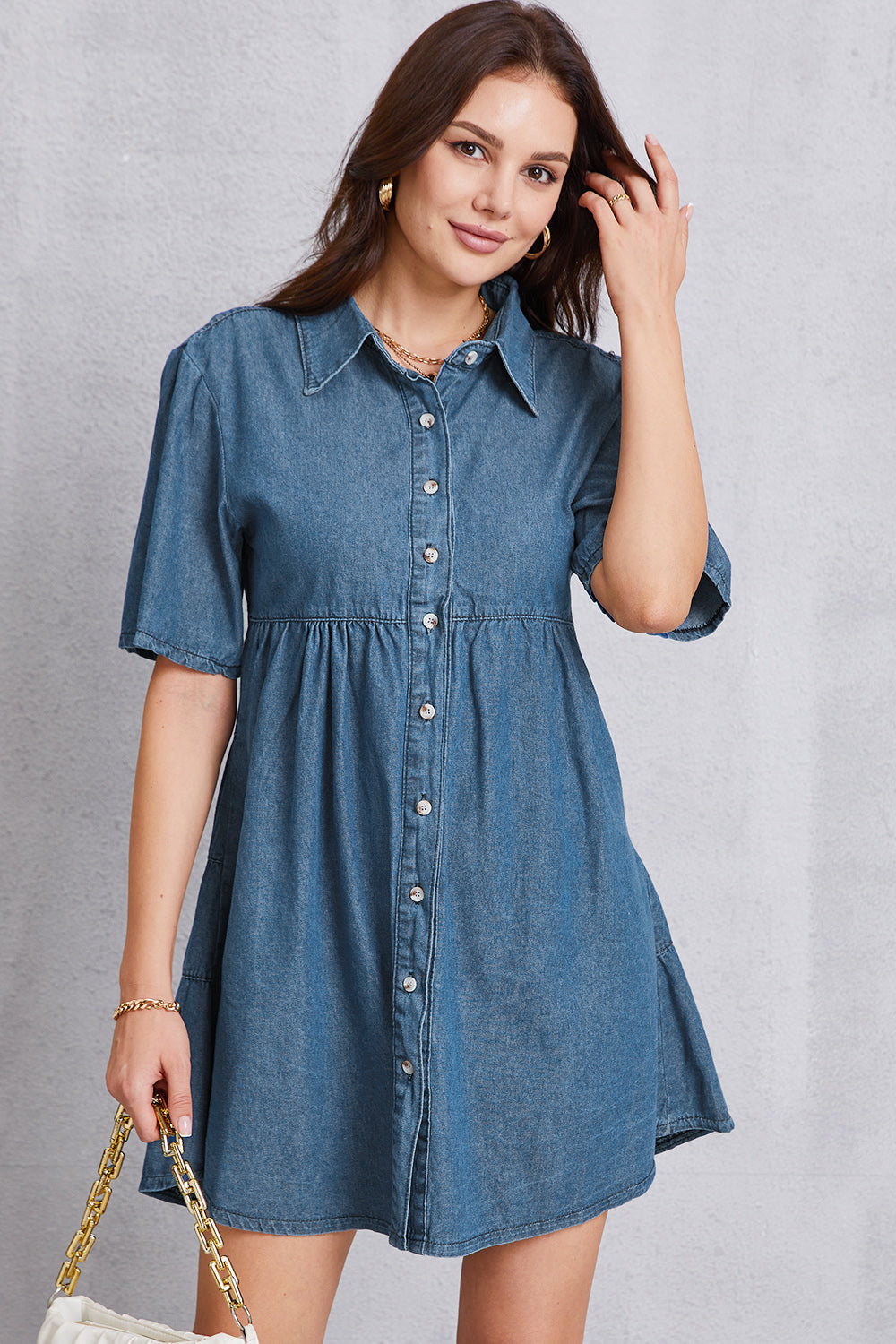 Button Up Collared Neck Tiered Denim Dress - The Boutie Shop