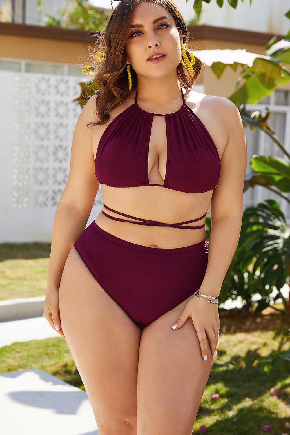 Plus Size Cutout Tied Backless Bikini Set - The Boutie Shop